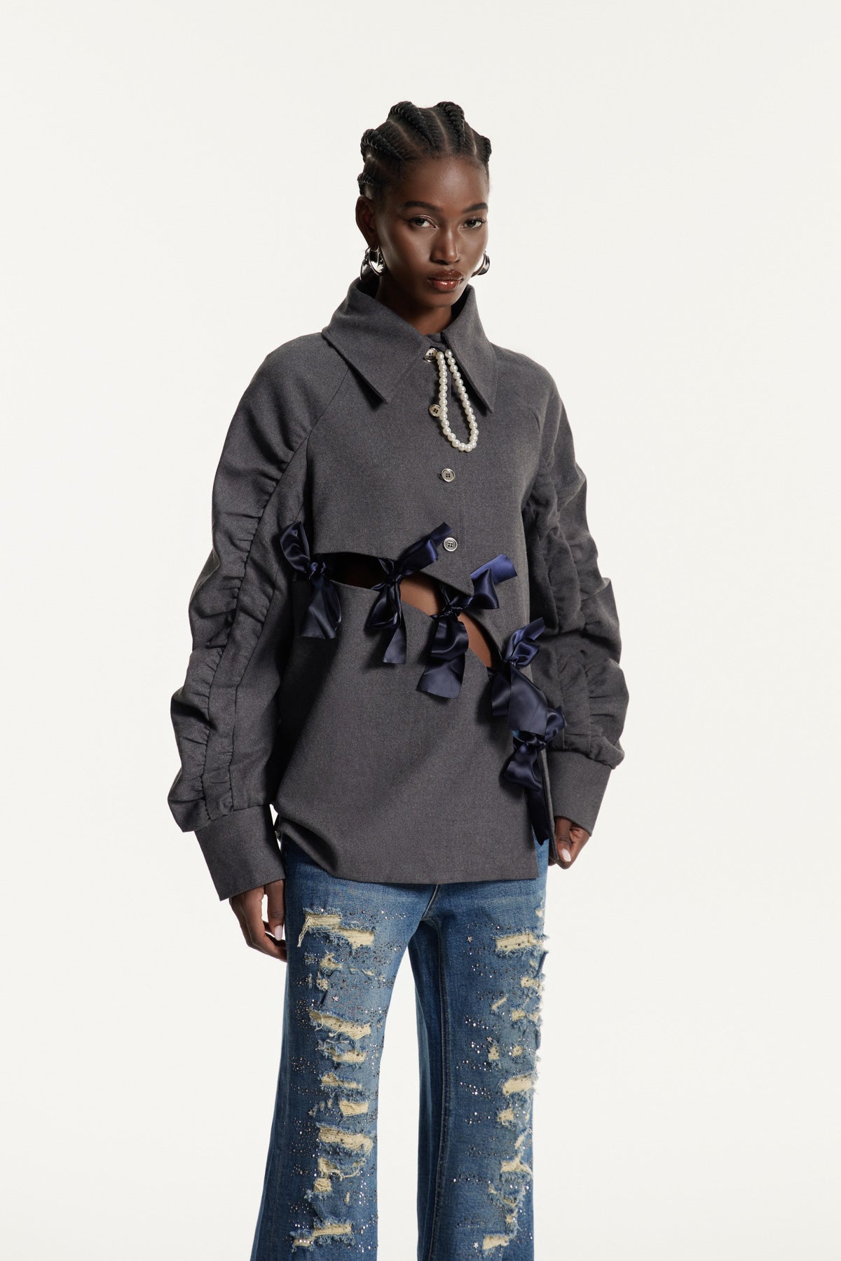 Edyta Bow Drawstring Balloon Sleeve Top