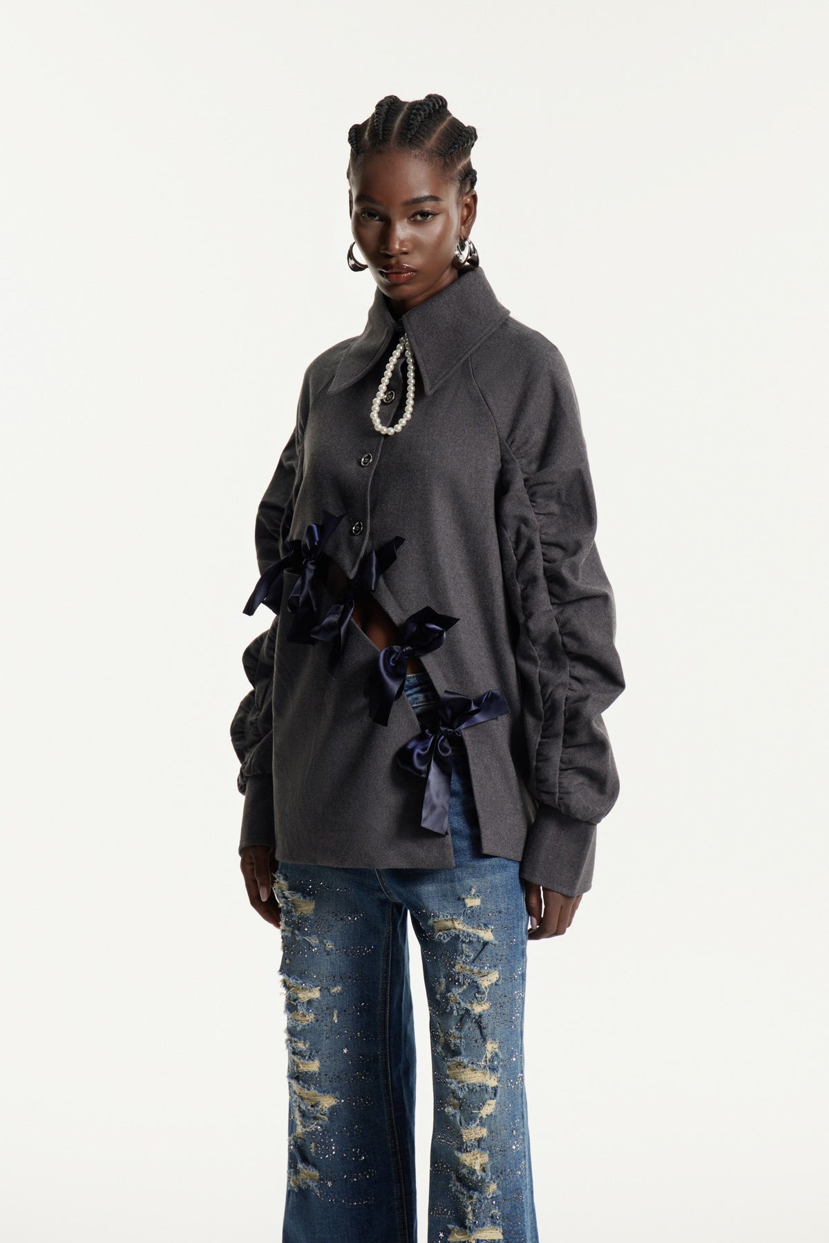 Edyta Bow Drawstring Balloon Sleeve Top