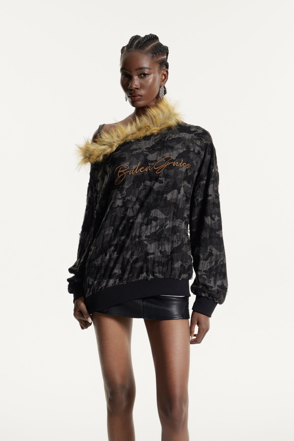 Efrem Camouflage Print Faux Fur Top