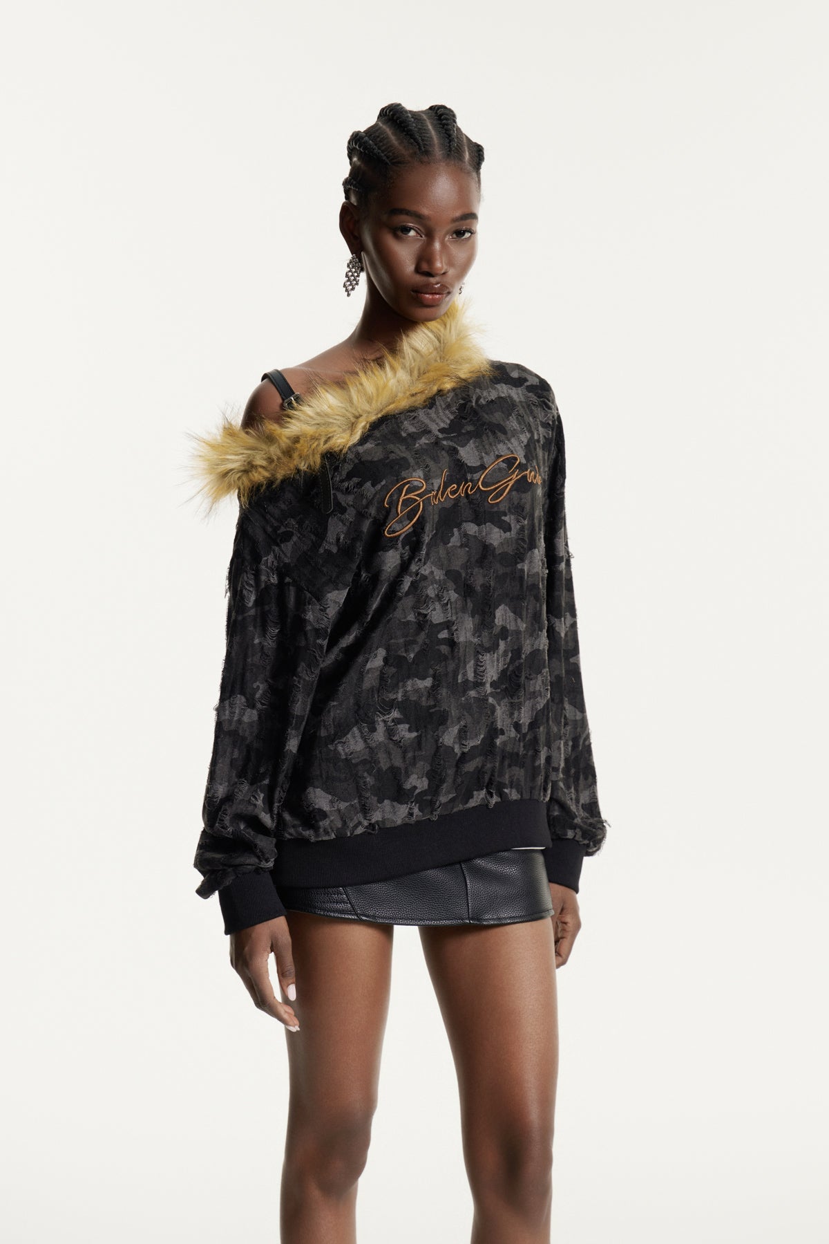 Efrem Camouflage Print Faux Fur Top