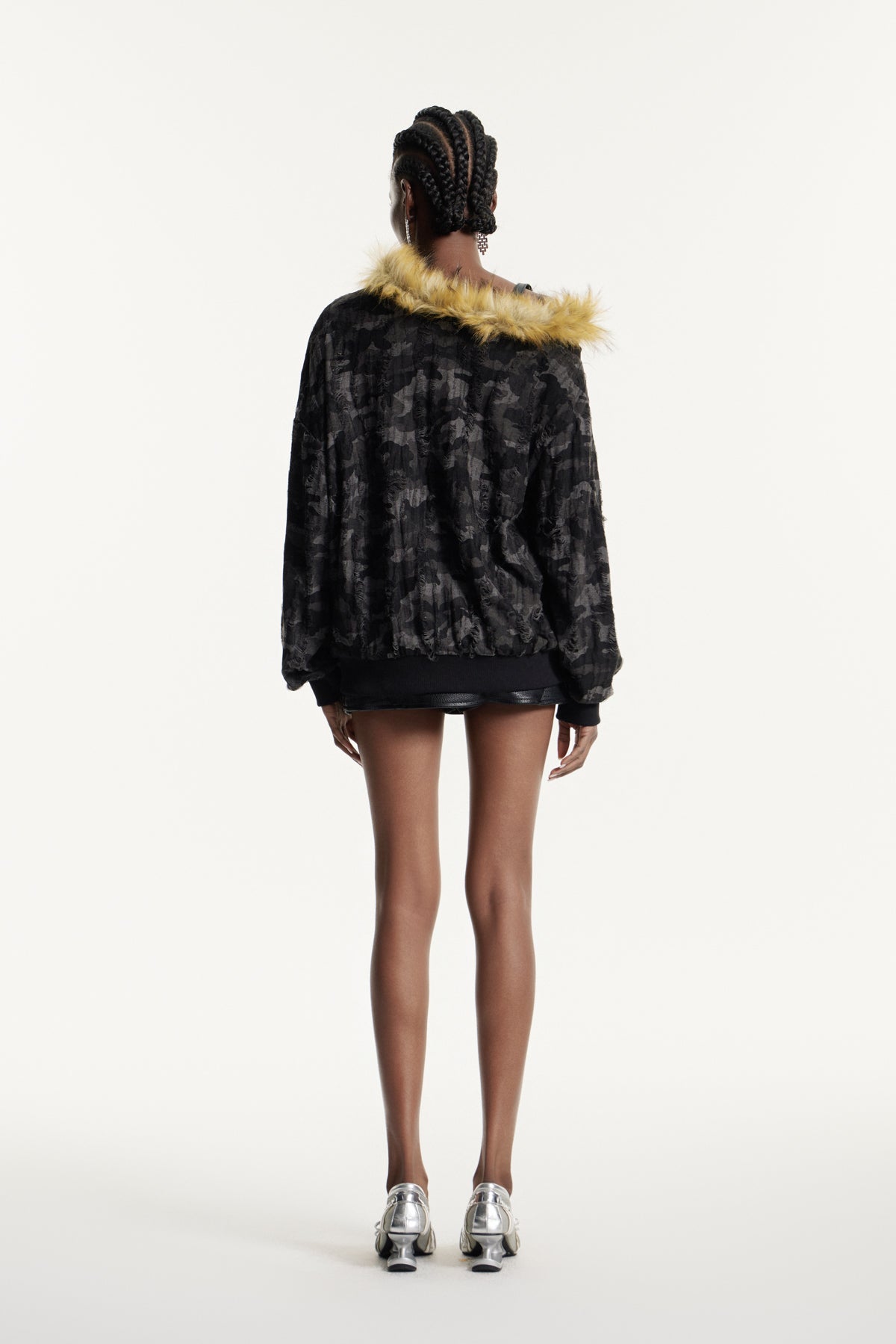 Efrem Camouflage Print Faux Fur Top