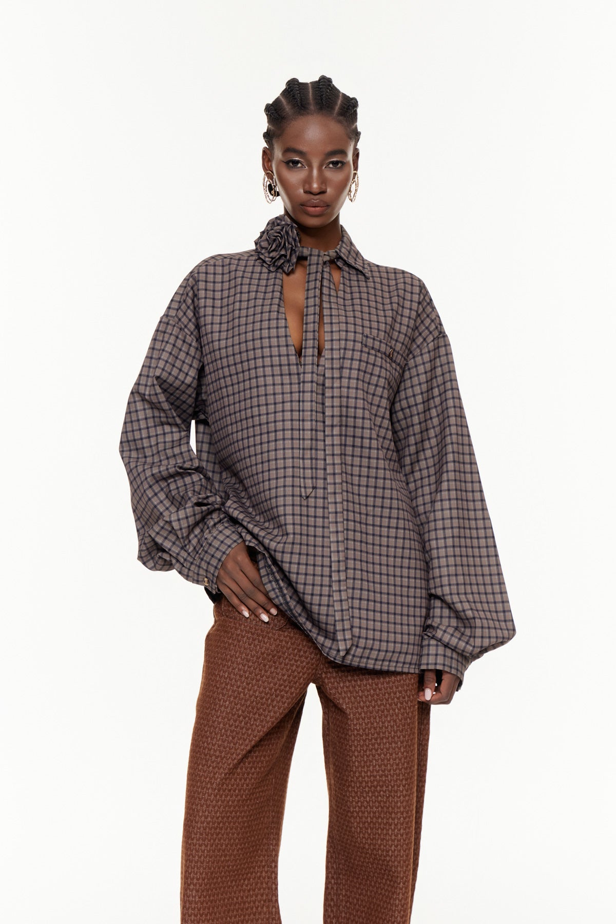 Eha Plunge Grid Flower Shirt