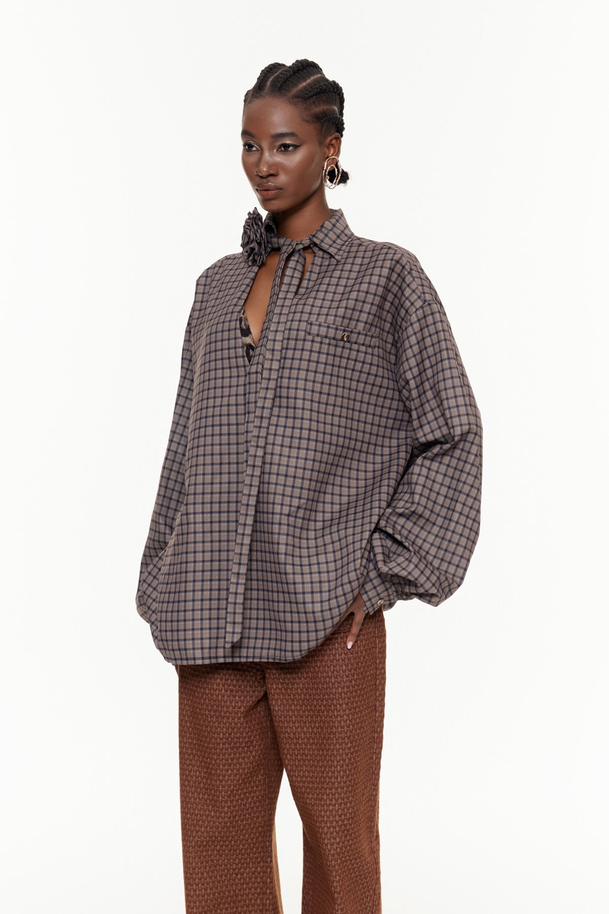 Eha Plunge Grid Flower Shirt