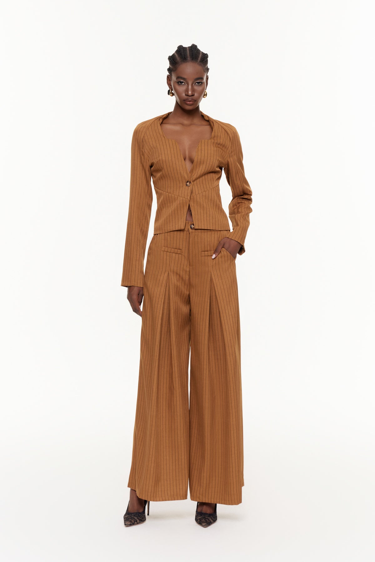 Ehab Stripe Plunge Ruch Pants Set