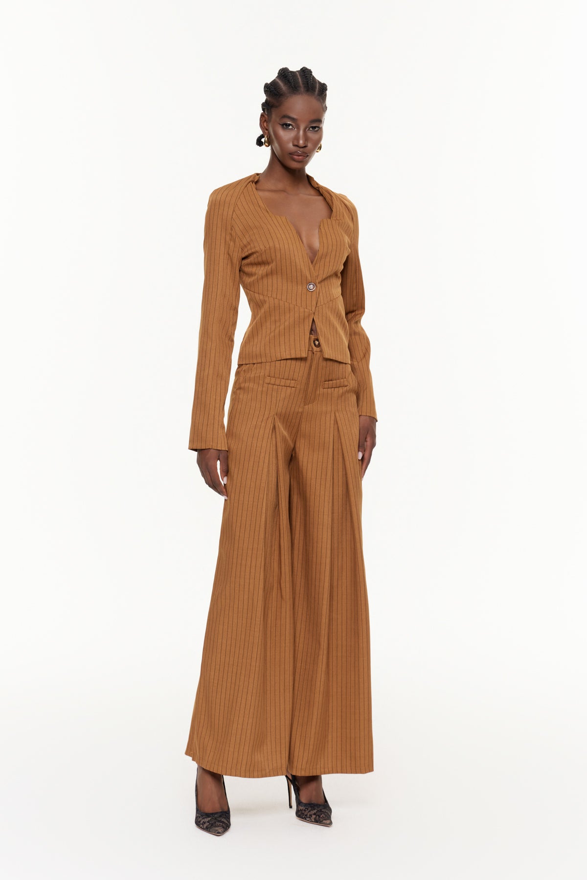 Ehab Stripe Plunge Ruch Pants Set