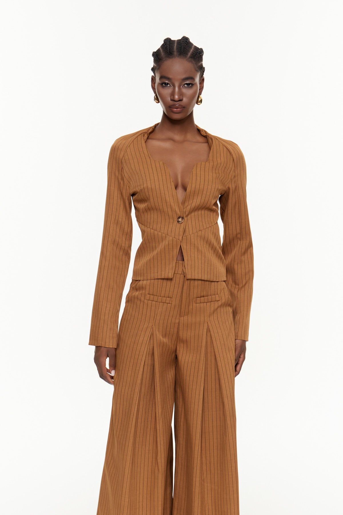 Ehab Stripe Plunge Ruch Pants Set