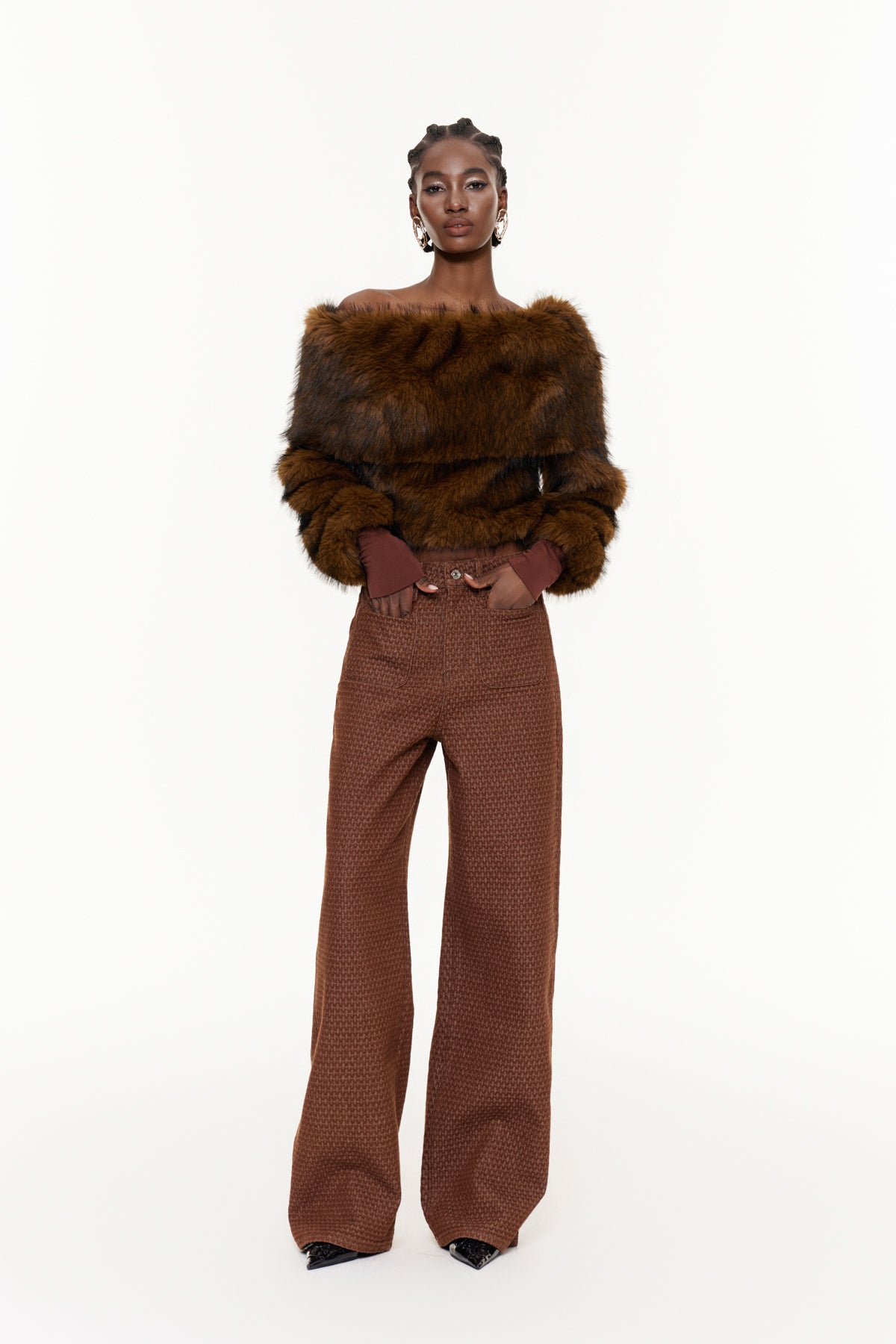 Ehmet Off Shoulder Faux Fur Top