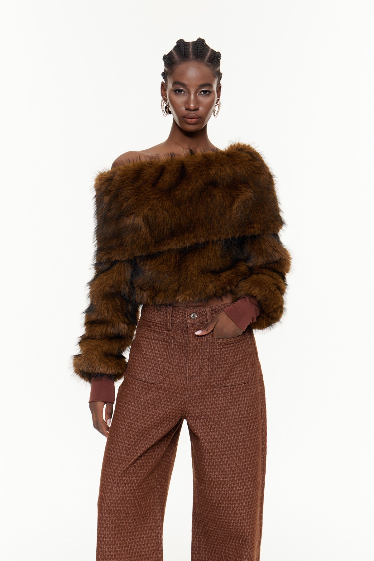 Ehmet Off Shoulder Faux Fur Top