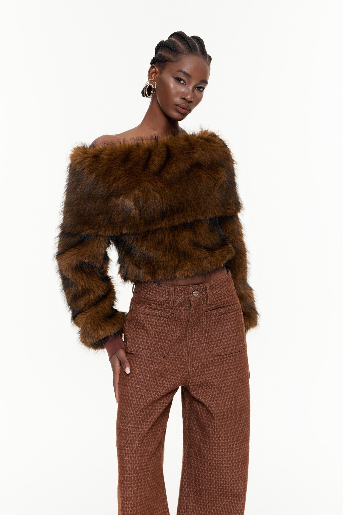 Ehmet Off Shoulder Faux Fur Top