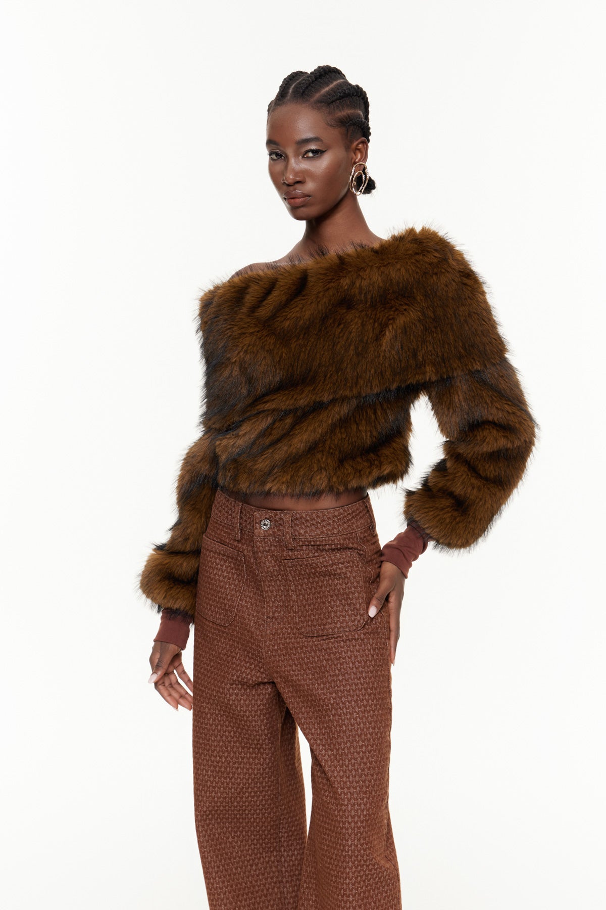 Ehmet Off Shoulder Faux Fur Top