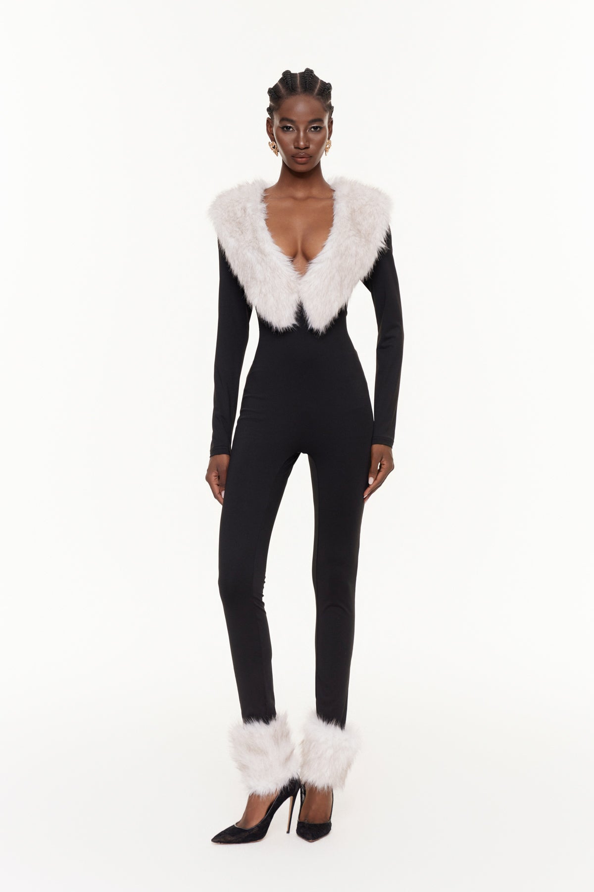 Eileifr Plunge Faux Fur Jumpsuit