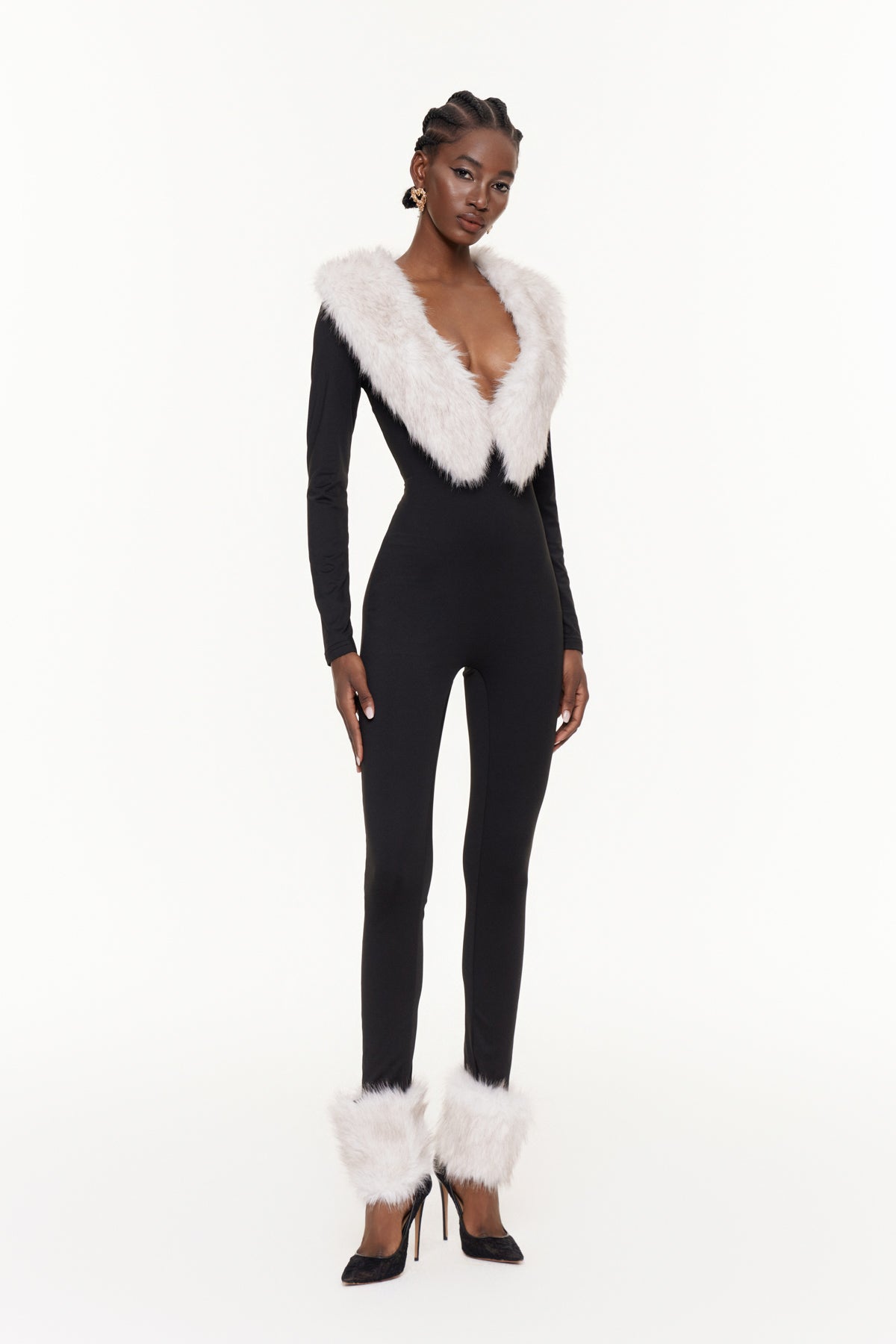 Eileifr Plunge Faux Fur Jumpsuit