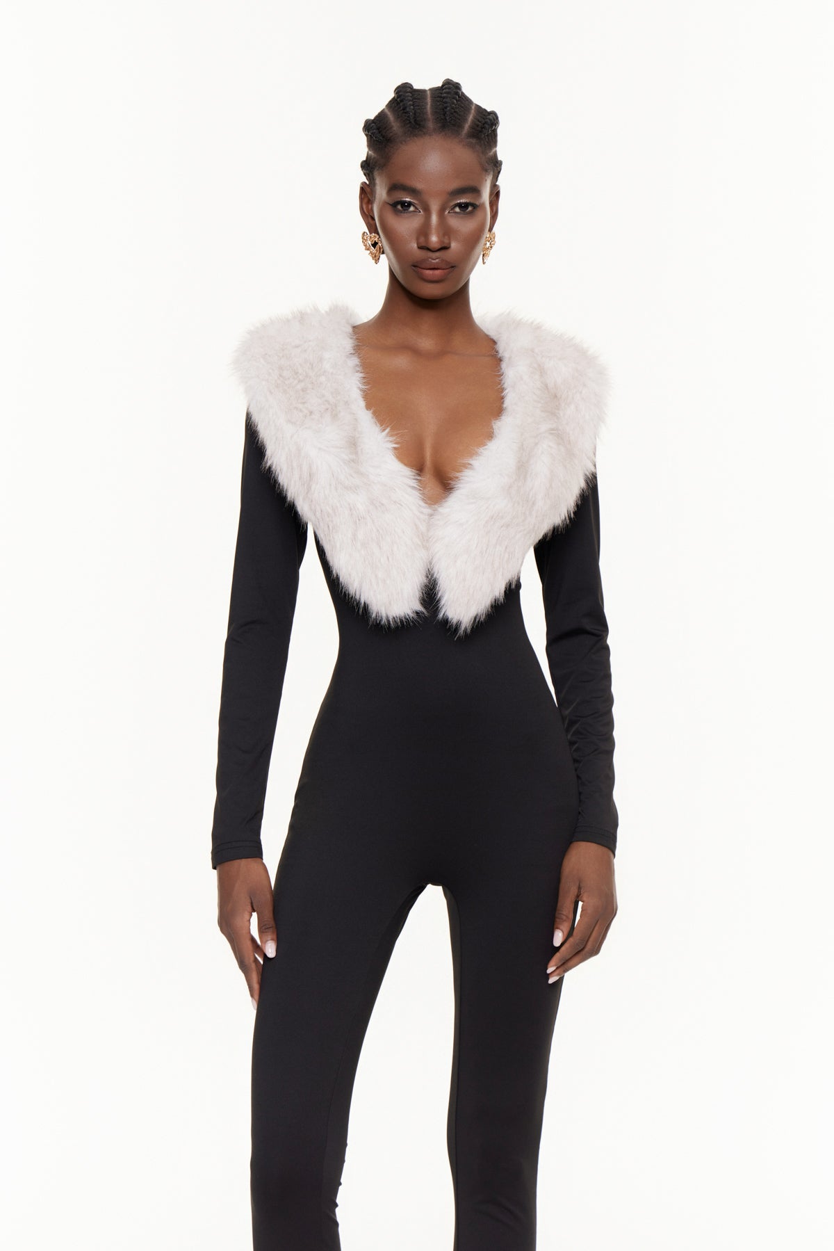 Eileifr Plunge Faux Fur Jumpsuit