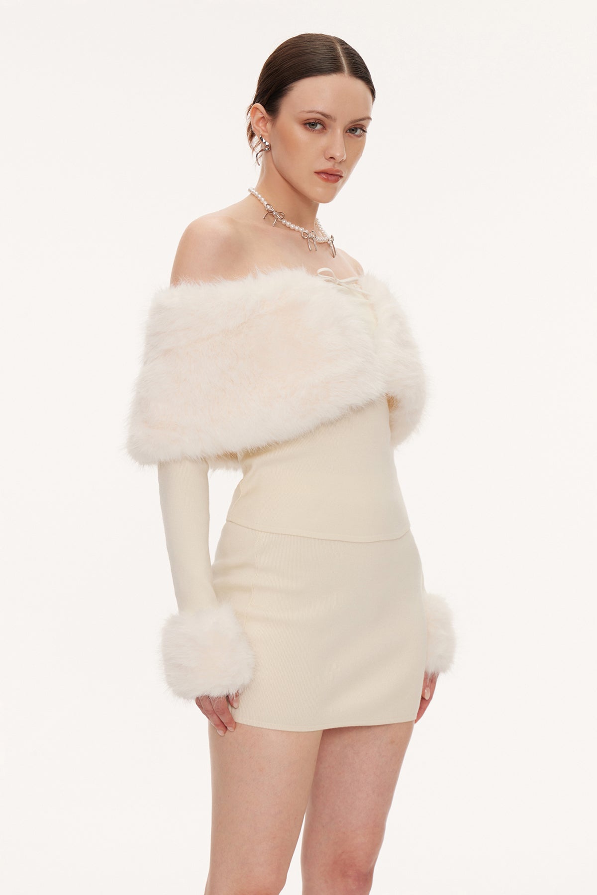 Eimante Off Shoulder Faux Fur Skirt Set