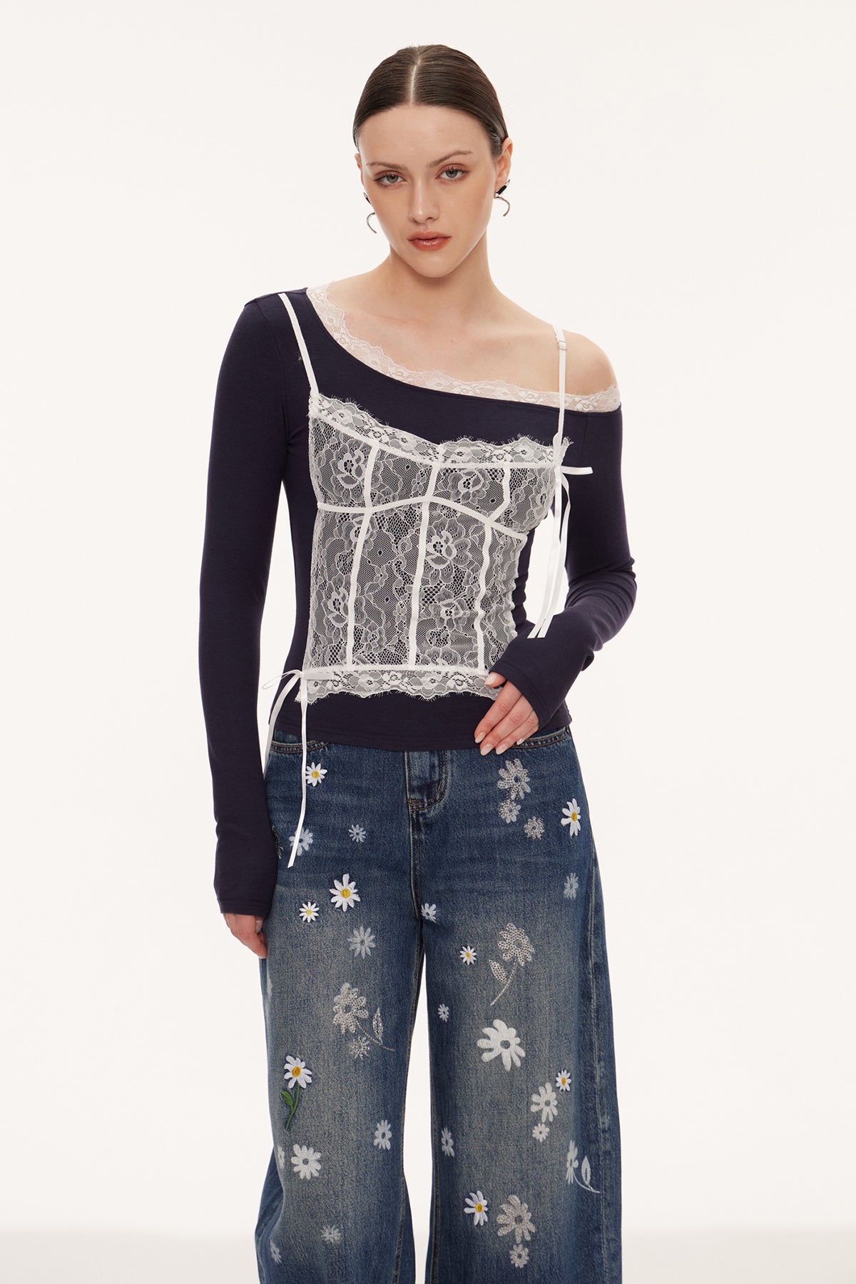 Eini One Shoulder Lace Top In Black