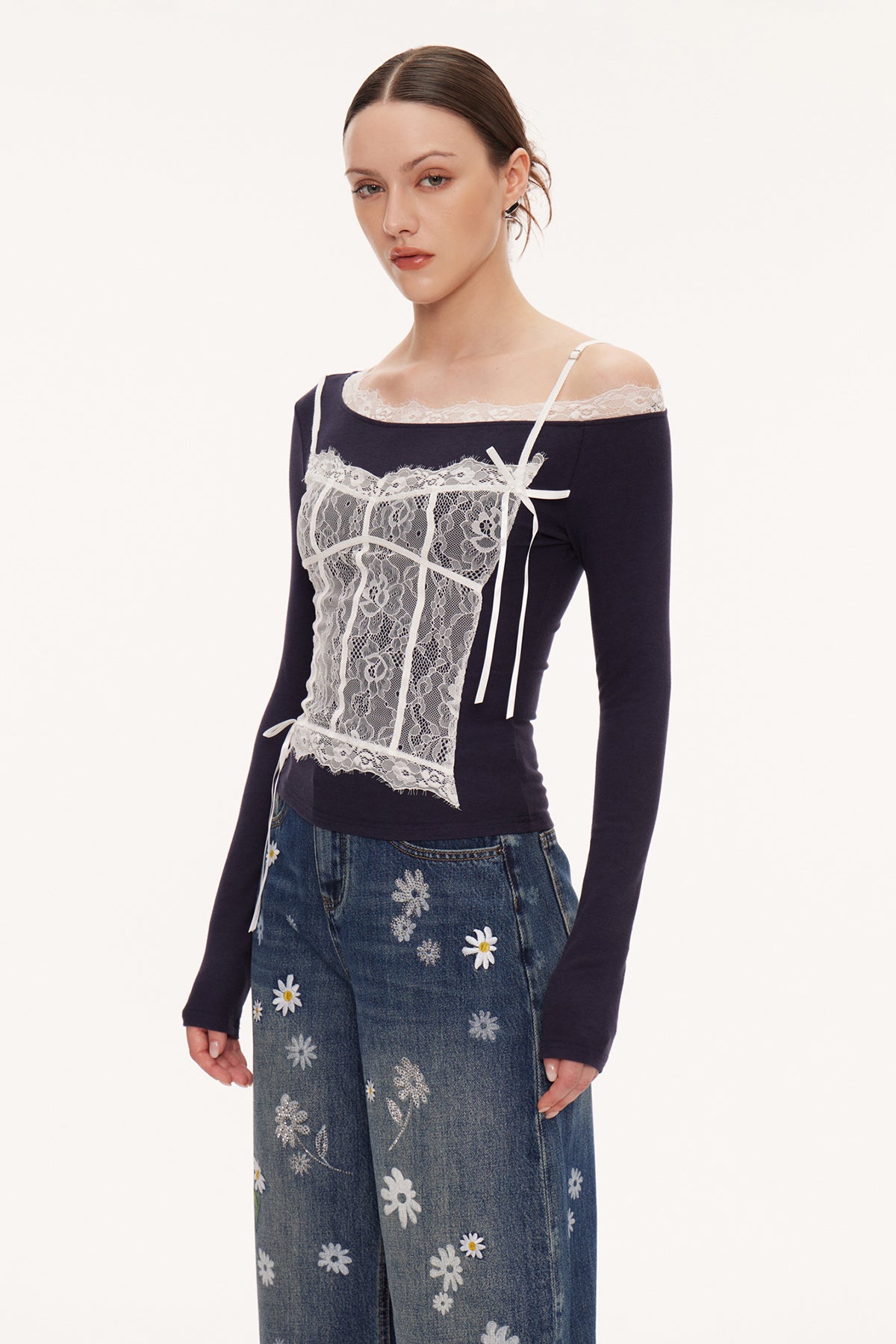 Eini One Shoulder Lace Top In Black