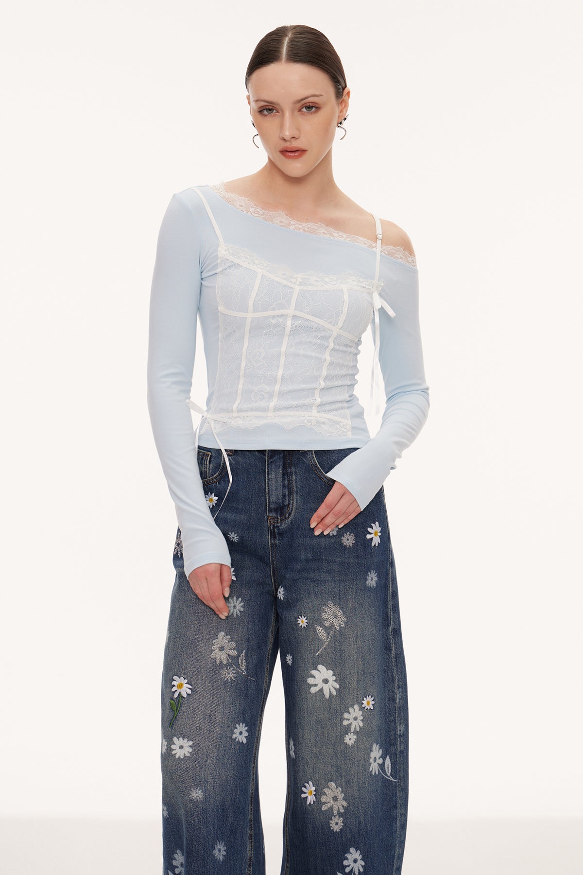 Eini One Shoulder Lace Top In Blue