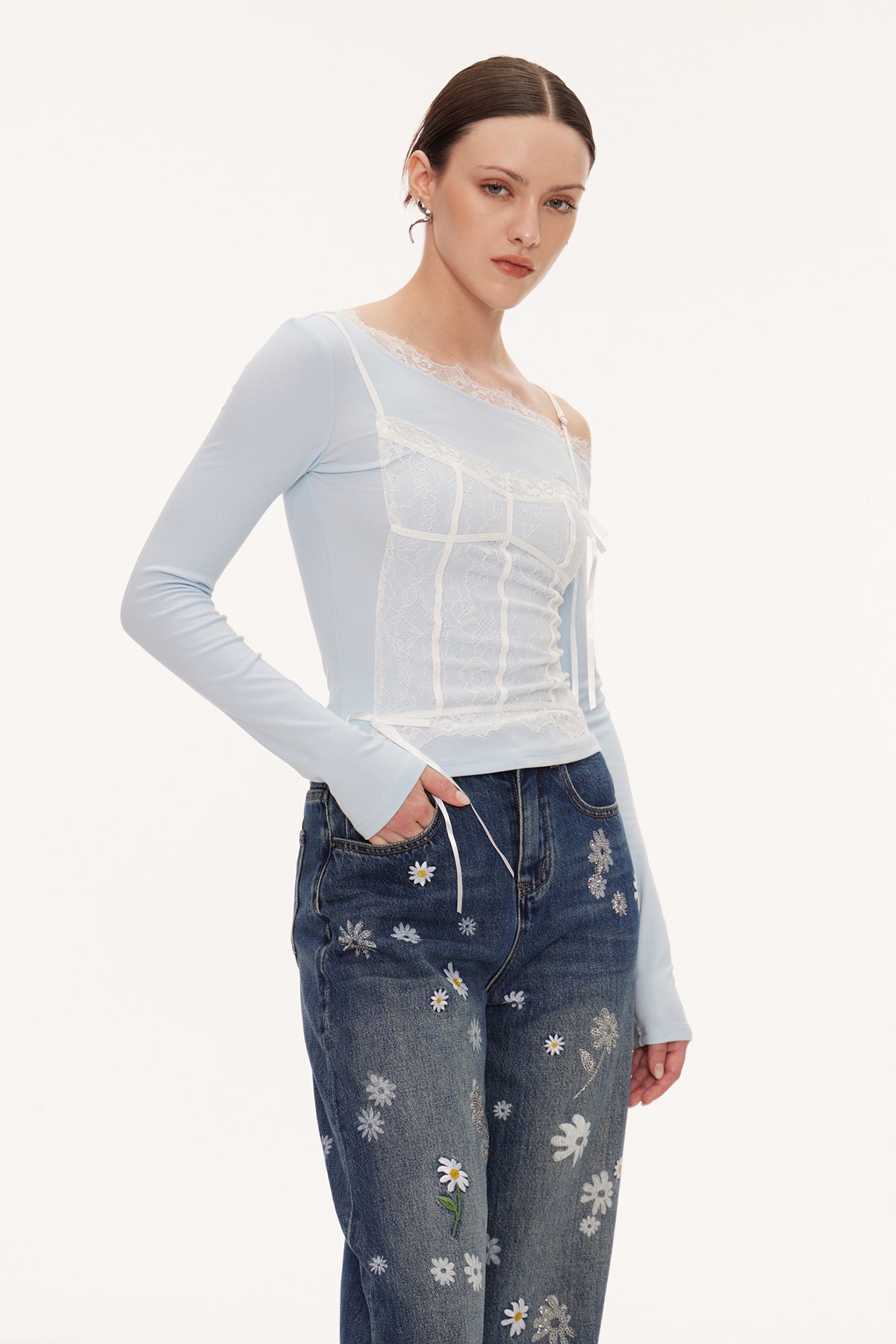 Eini One Shoulder Lace Top In Blue