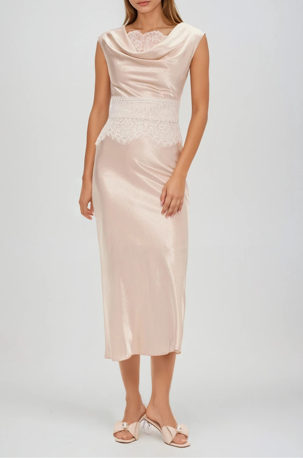 Einion Cowl Neck Lace Satin Skirt Set