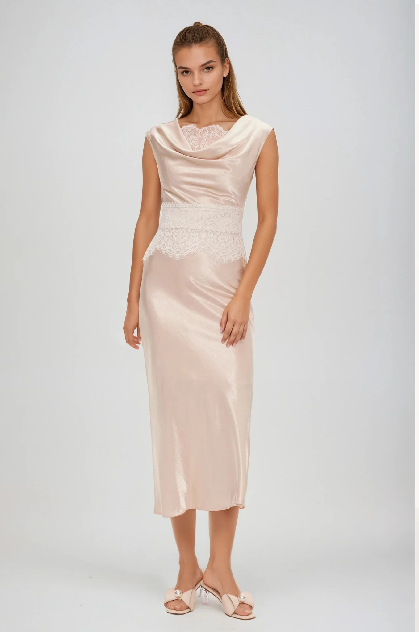 Einion Cowl Neck Lace Satin Skirt Set