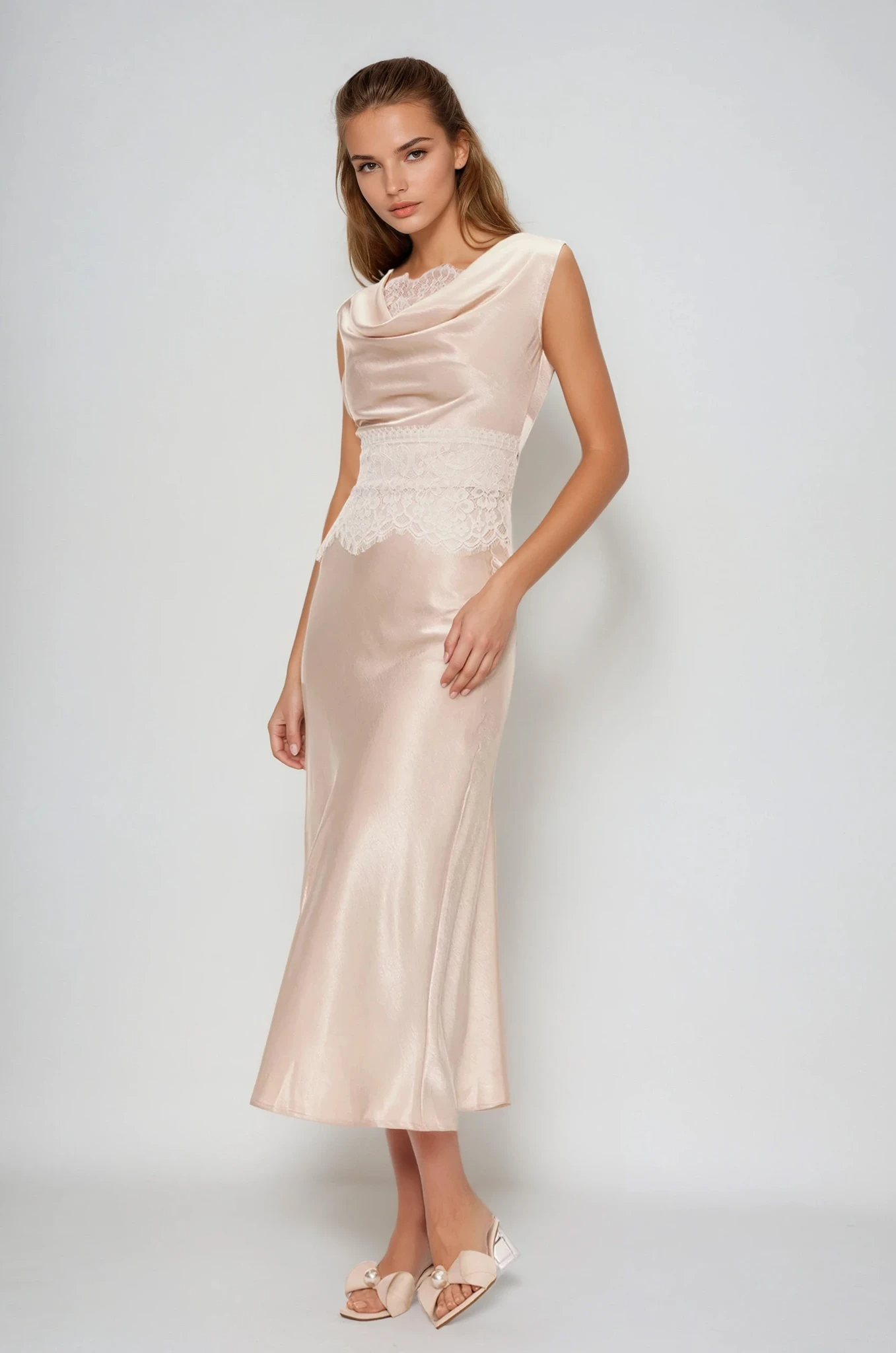 Einion Cowl Neck Lace Satin Skirt Set