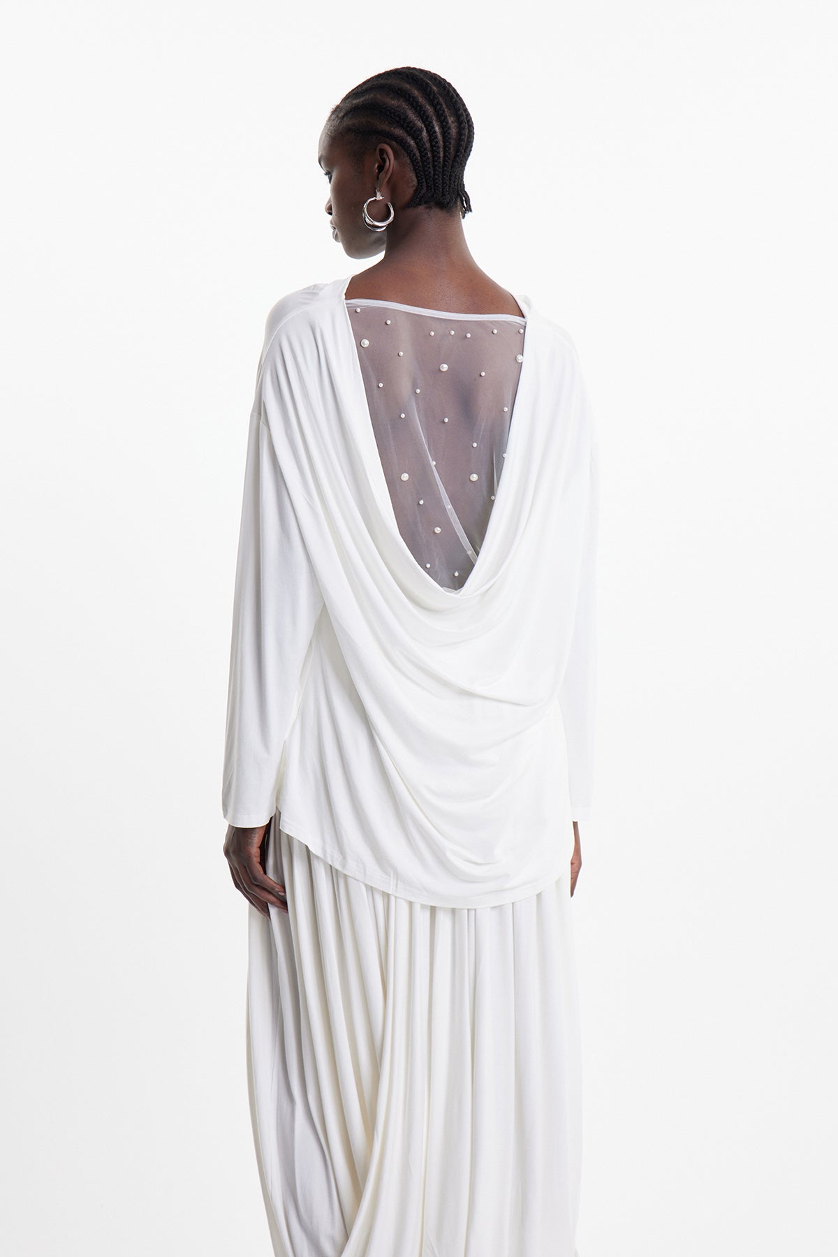 Ekene Pearl Mesh Cowl Neck Top