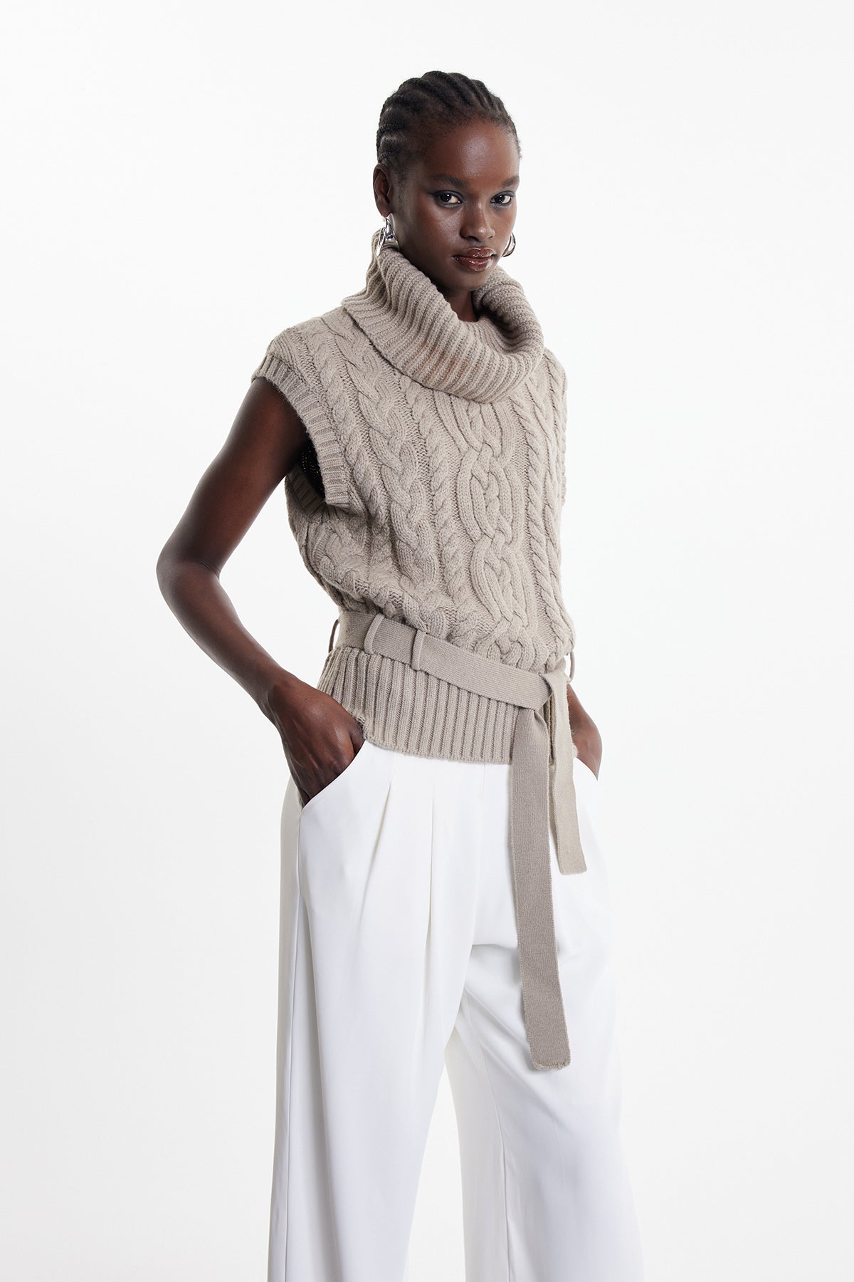 Ekkehard Funnel Neck Sleeveless Top In Khaki