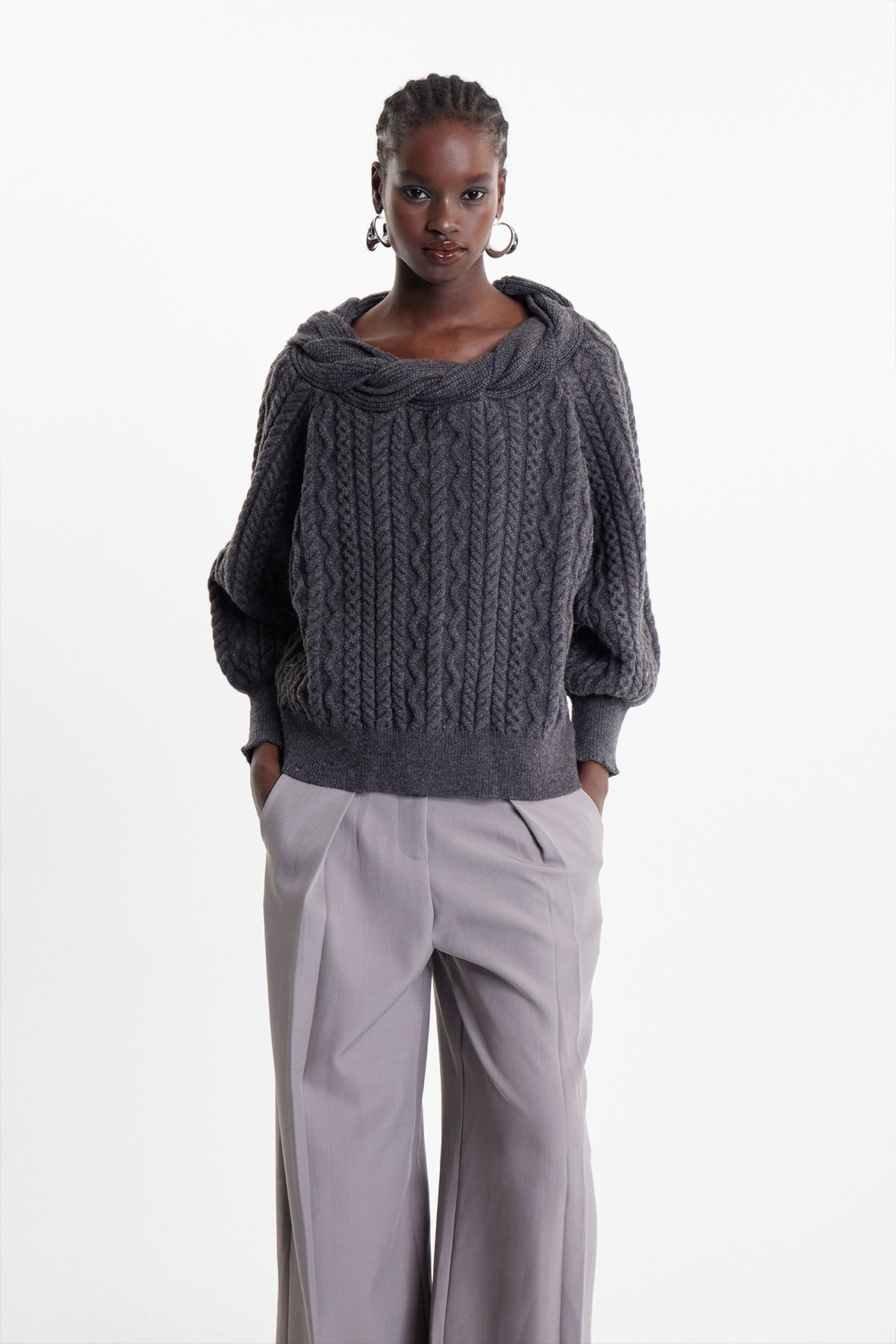 Elah Twist Knit Top In Grey