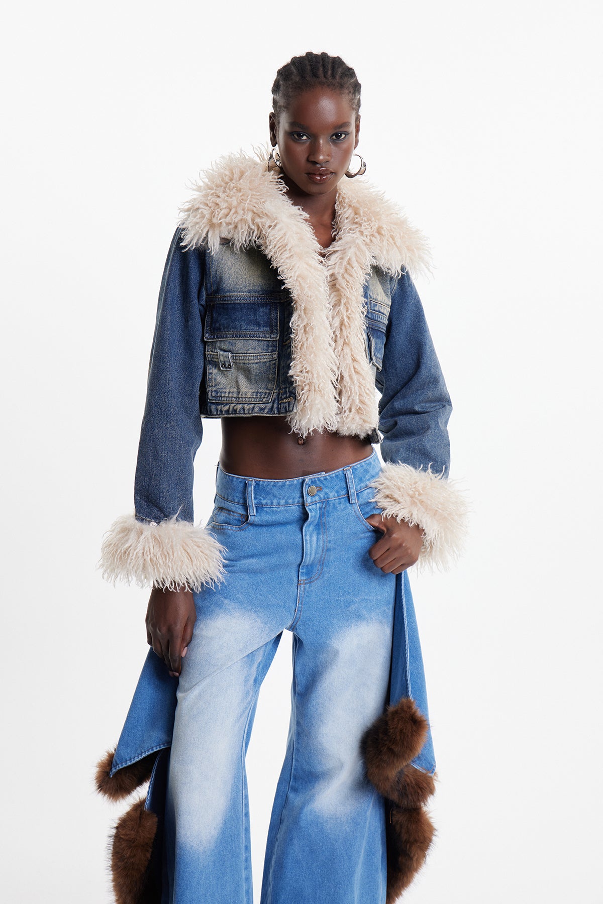 Elaheh Faux Fur Crop Denim Jacket