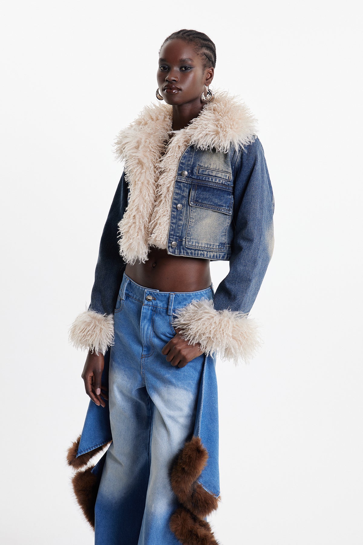 Elaheh Faux Fur Crop Denim Jacket