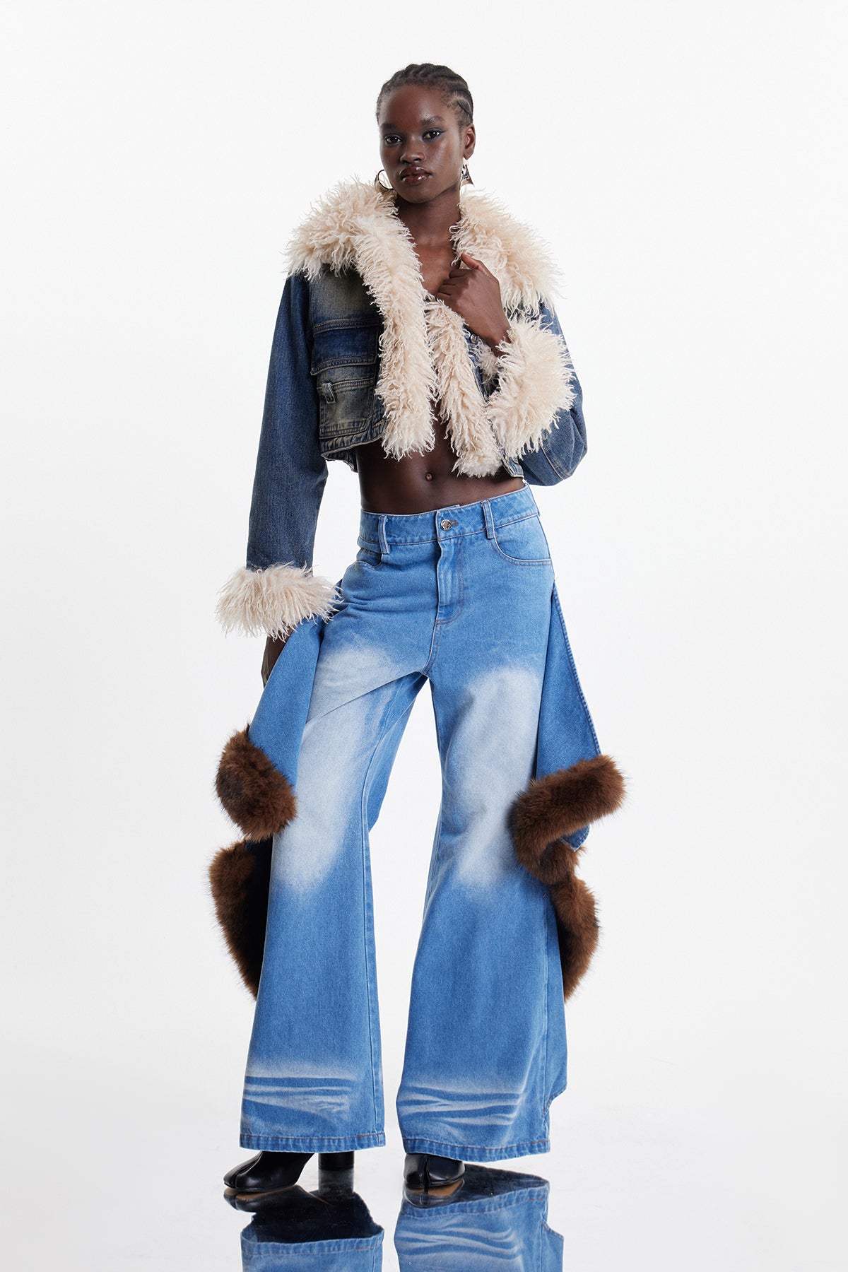 Elaheh Faux Fur Crop Denim Jacket