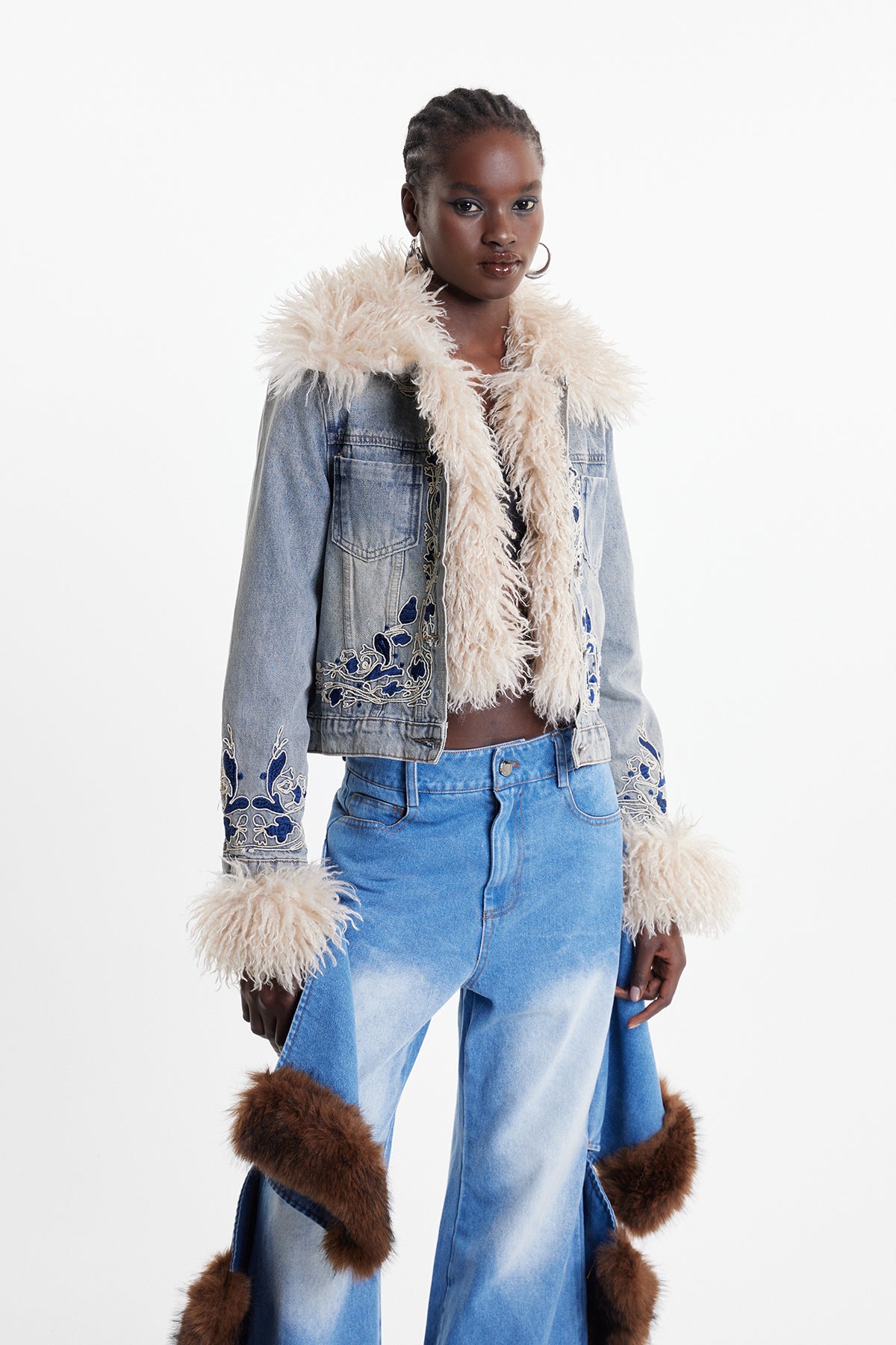 Elaia Faux Fur Embroidered Crop Denim Jacket