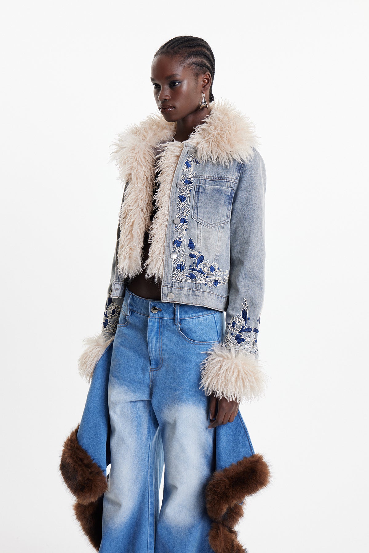 Elaia Faux Fur Embroidered Crop Denim Jacket