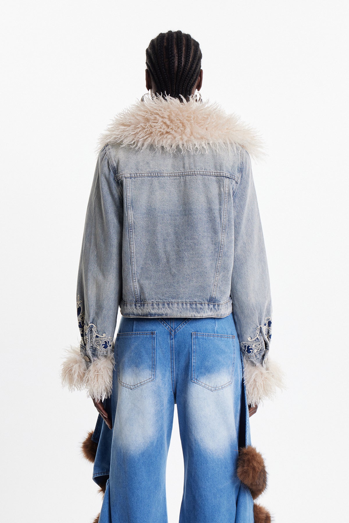 Elaia Faux Fur Embroidered Crop Denim Jacket
