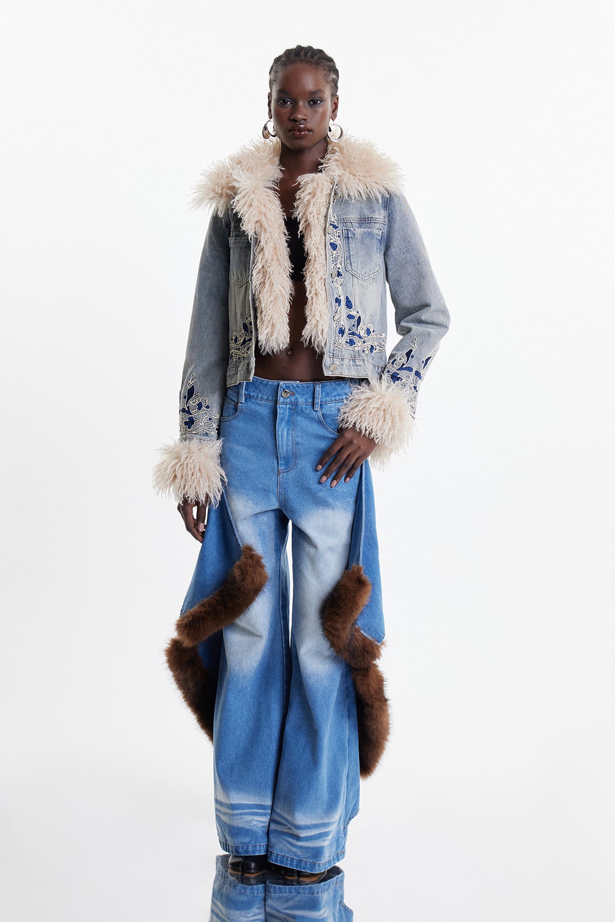 Elaia Faux Fur Embroidered Crop Denim Jacket