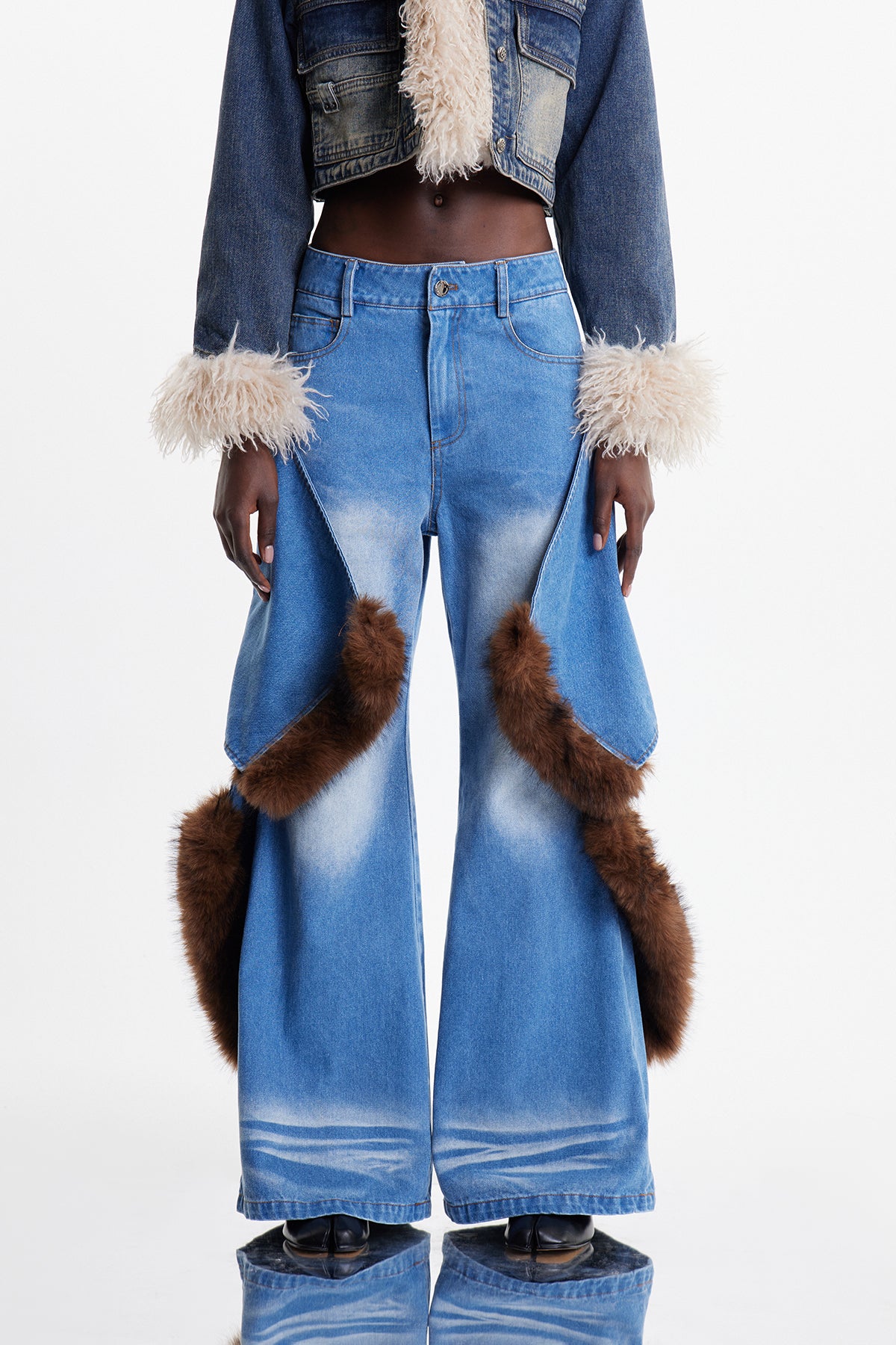 Elain Deconstruct Faux Fur Wide Leg Jeans