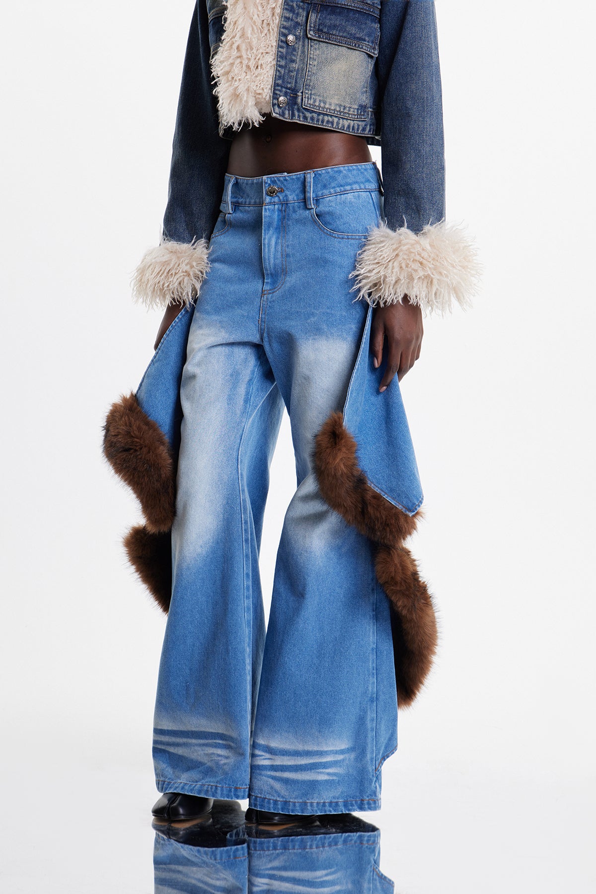 Elain Deconstruct Faux Fur Wide Leg Jeans