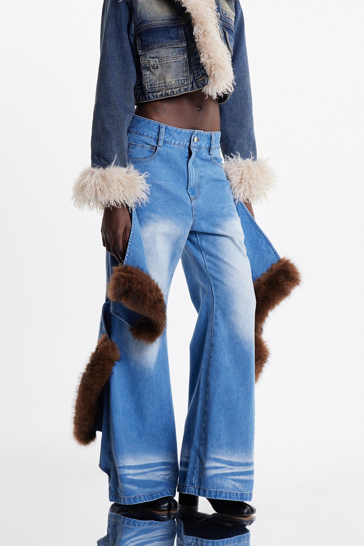 Elain Deconstruct Faux Fur Wide Leg Jeans