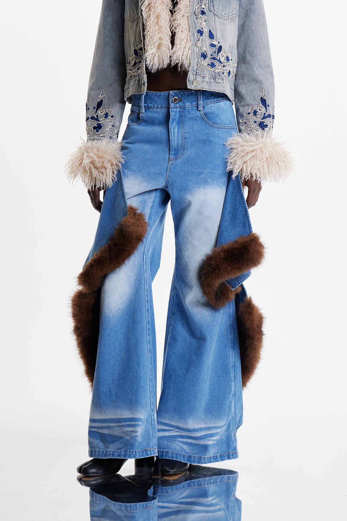 Elain Deconstruct Faux Fur Wide Leg Jeans