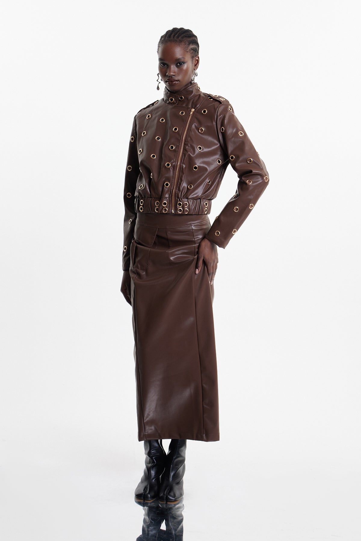 Elchin Eyelet Leather Skirt Set