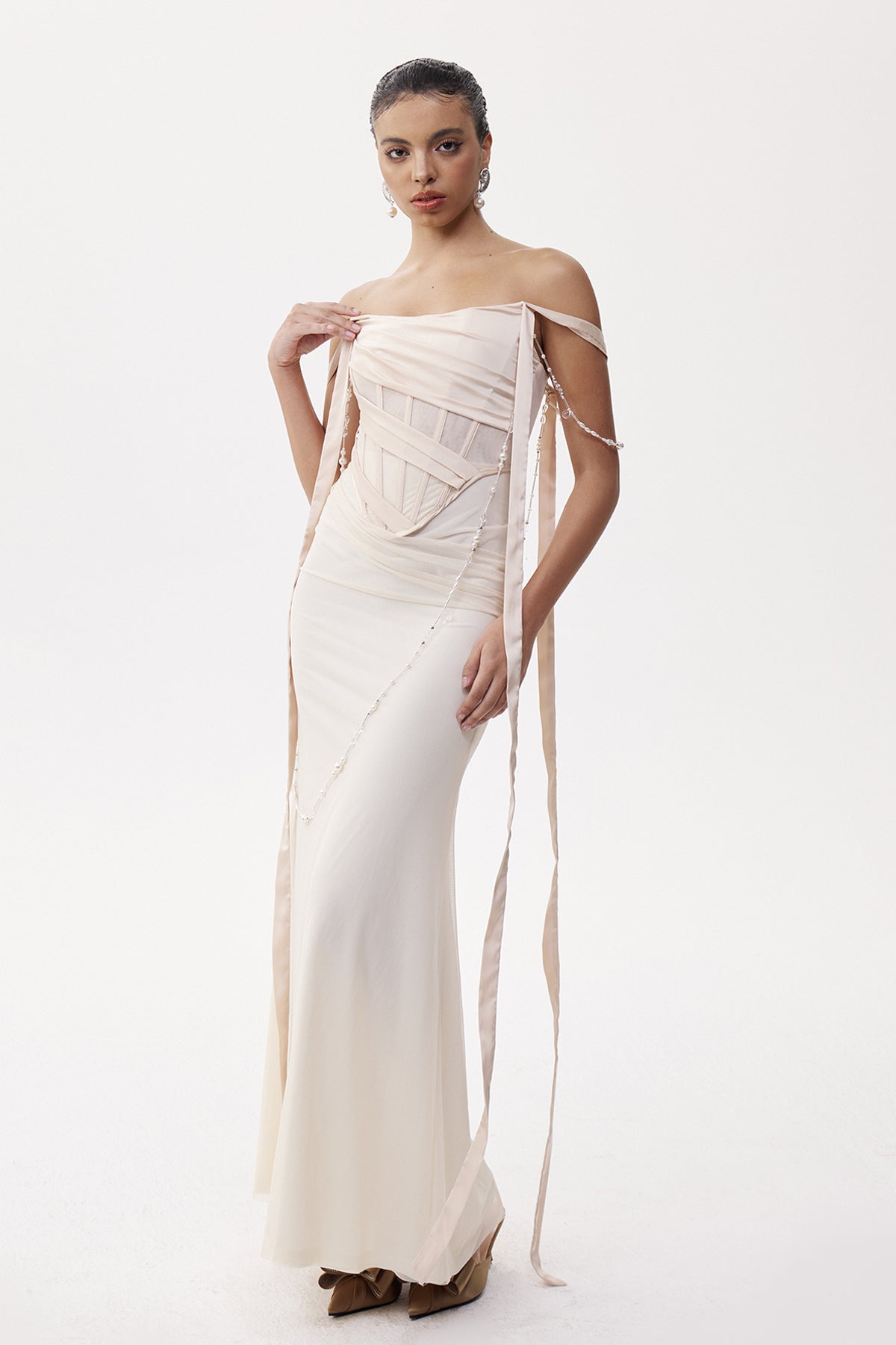 Eleftherios Corset Pearl Chain Maxi Dress