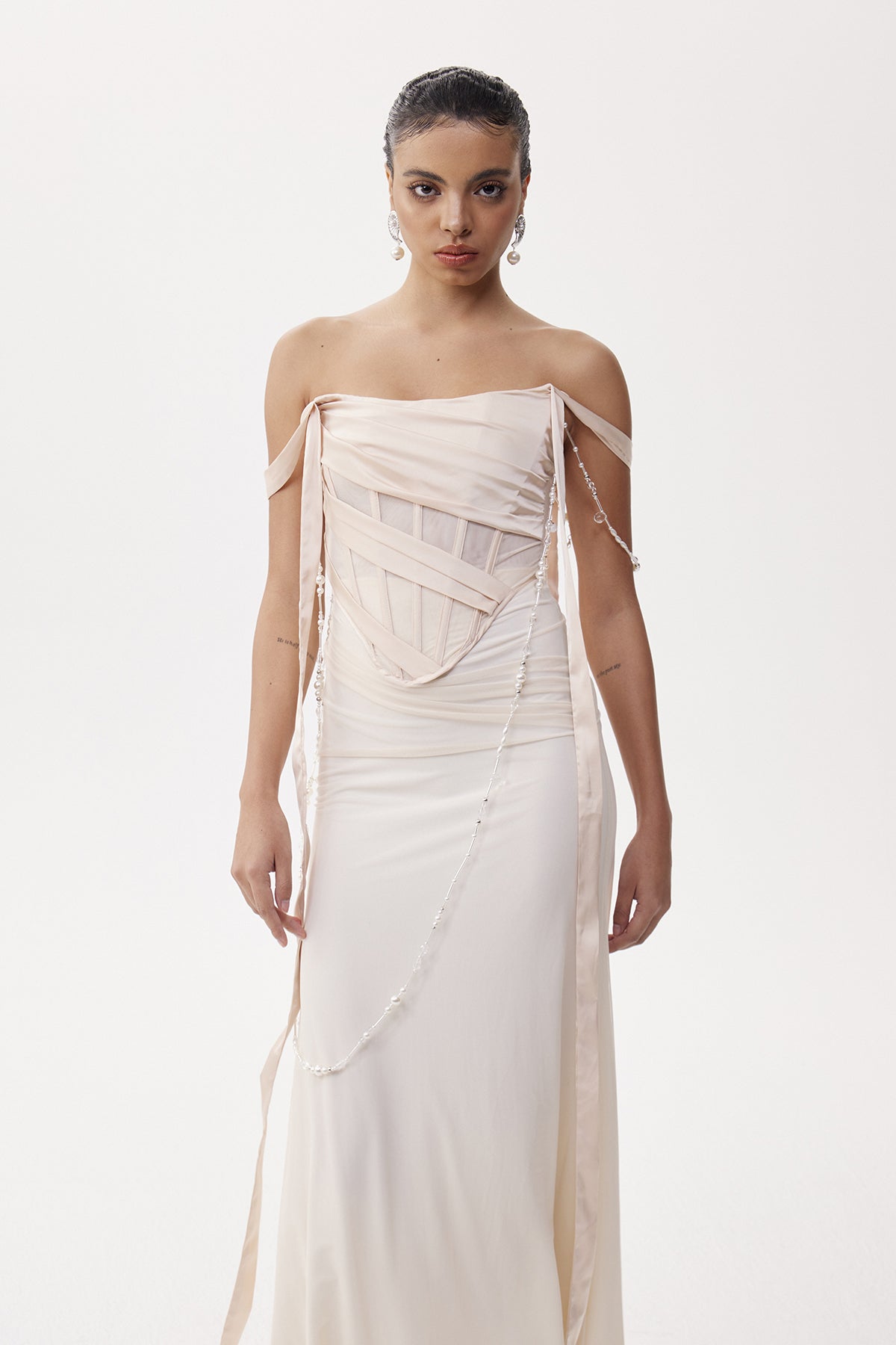 Eleftherios Corset Pearl Chain Maxi Dress