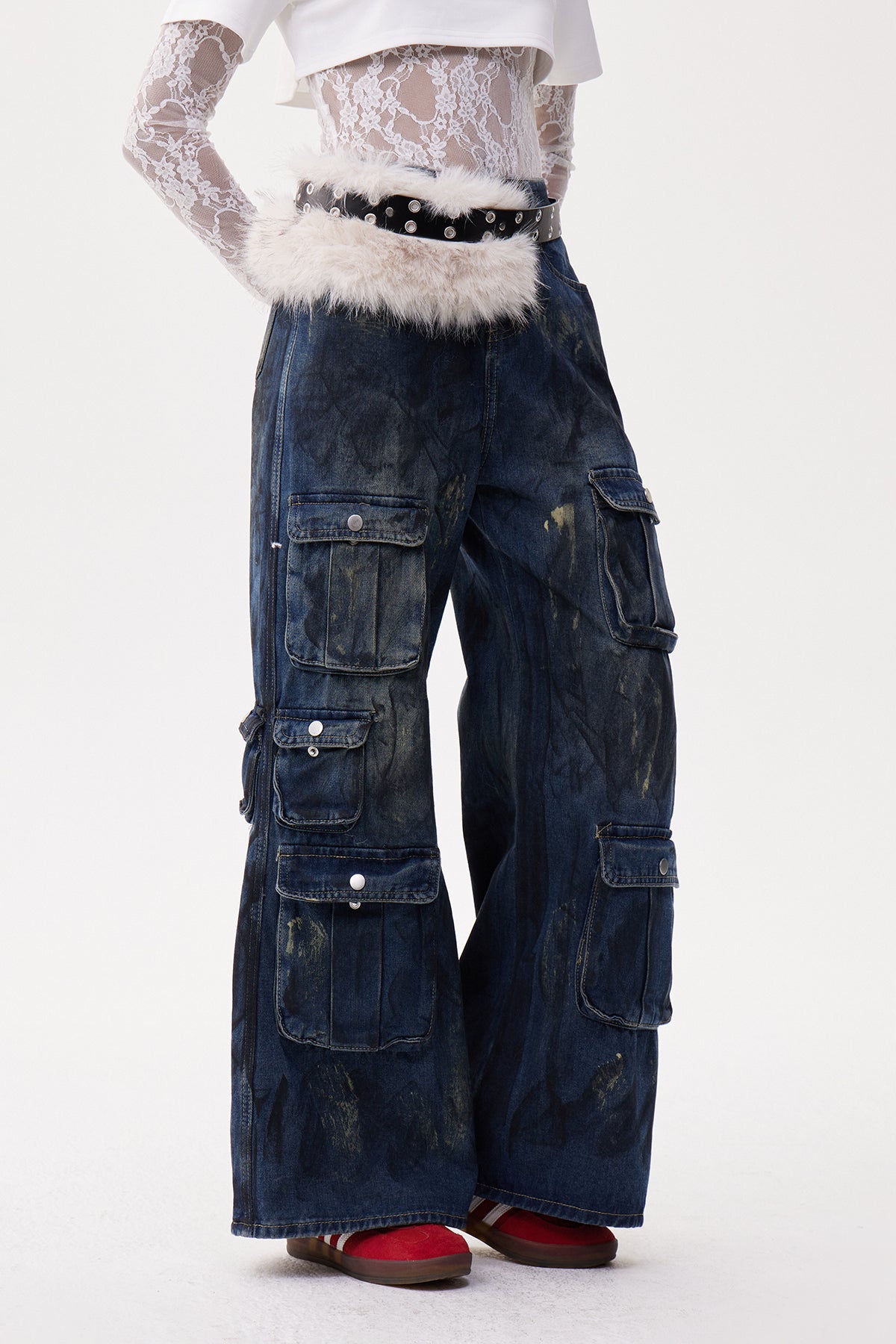 Elen Faux Fur Cargo Dark Wash Jeans