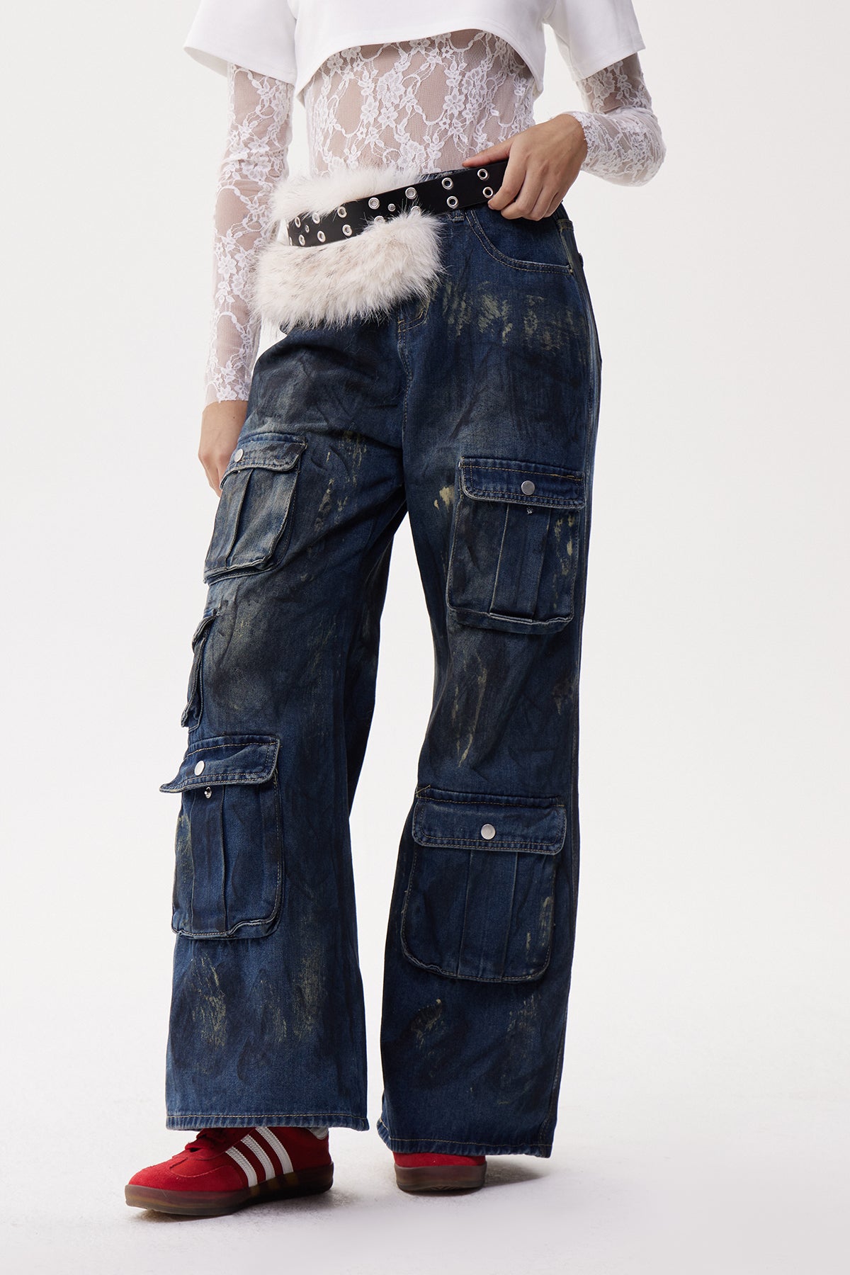 Elen Faux Fur Cargo Dark Wash Jeans