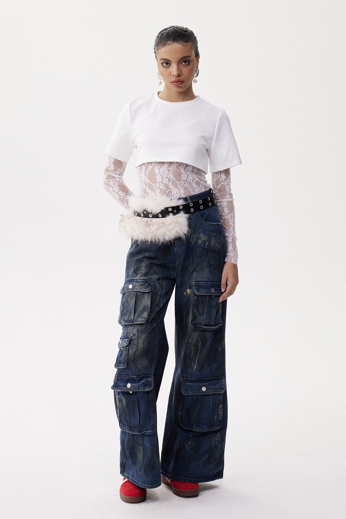 Elen Faux Fur Cargo Dark Wash Jeans