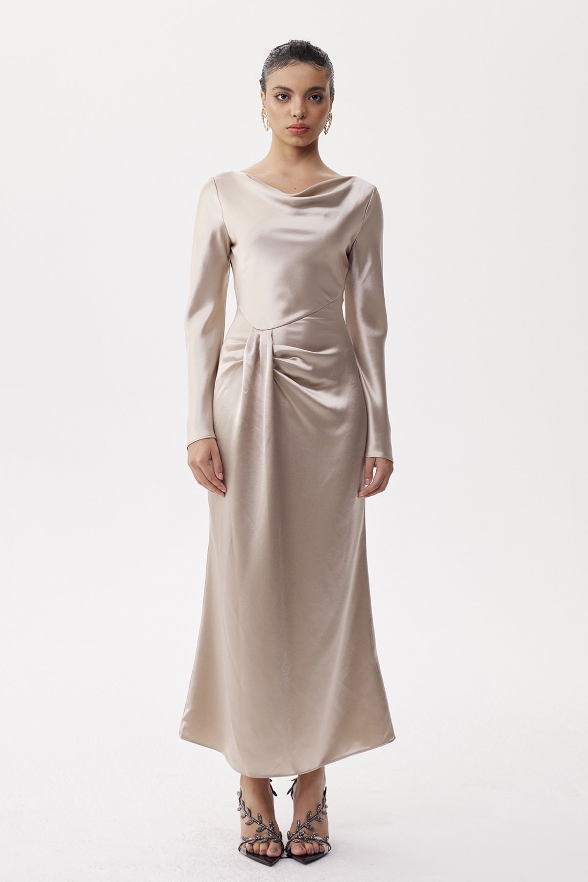 Eleonora Asymmetric Ruch Satin Maxi Dress
