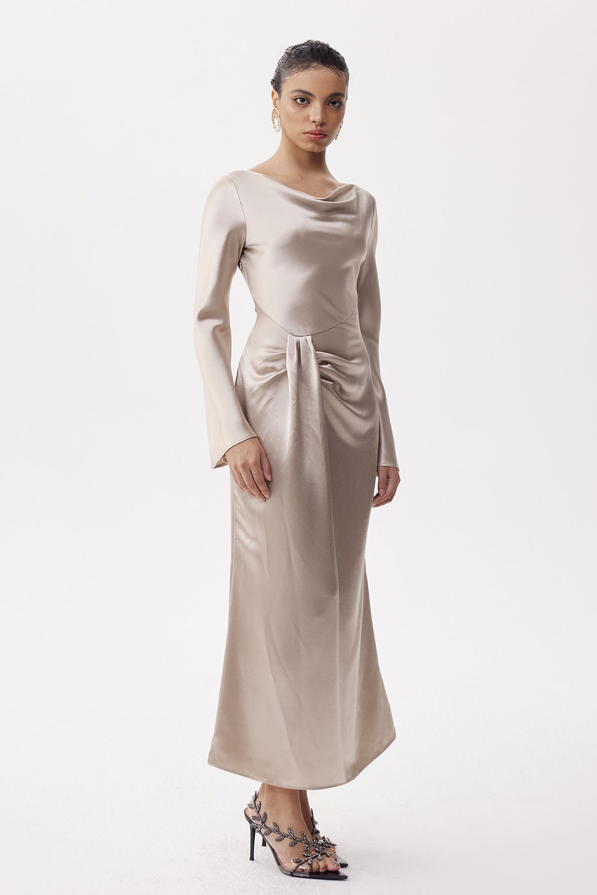 Eleonora Asymmetric Ruch Satin Maxi Dress