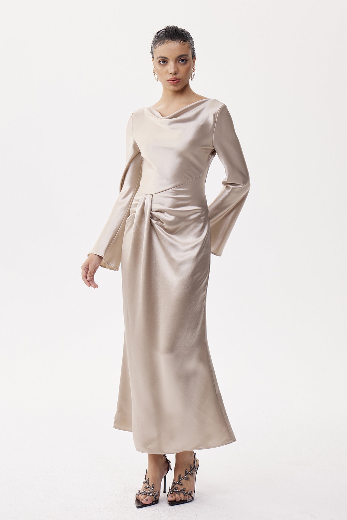 Eleonora Asymmetric Ruch Satin Maxi Dress
