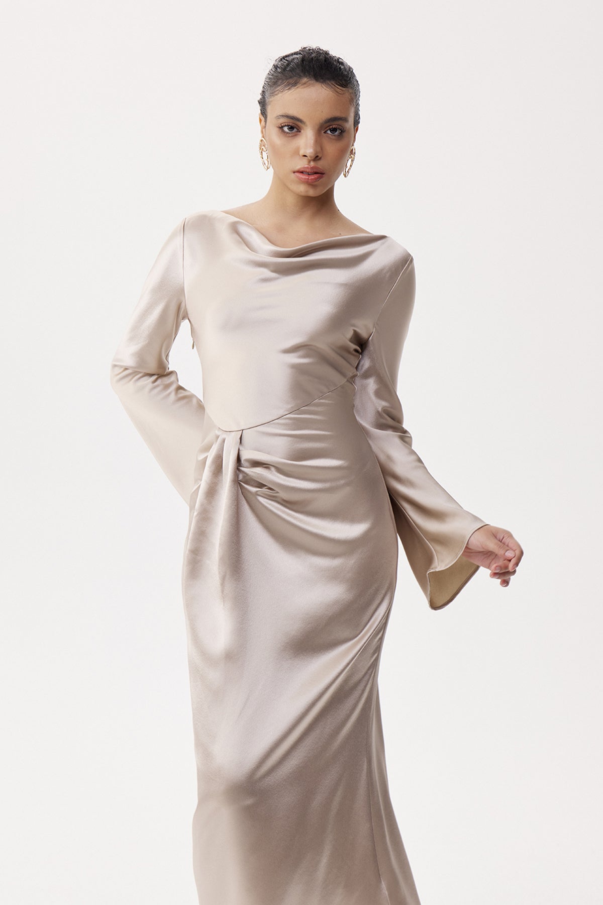 Eleonora Asymmetric Ruch Satin Maxi Dress