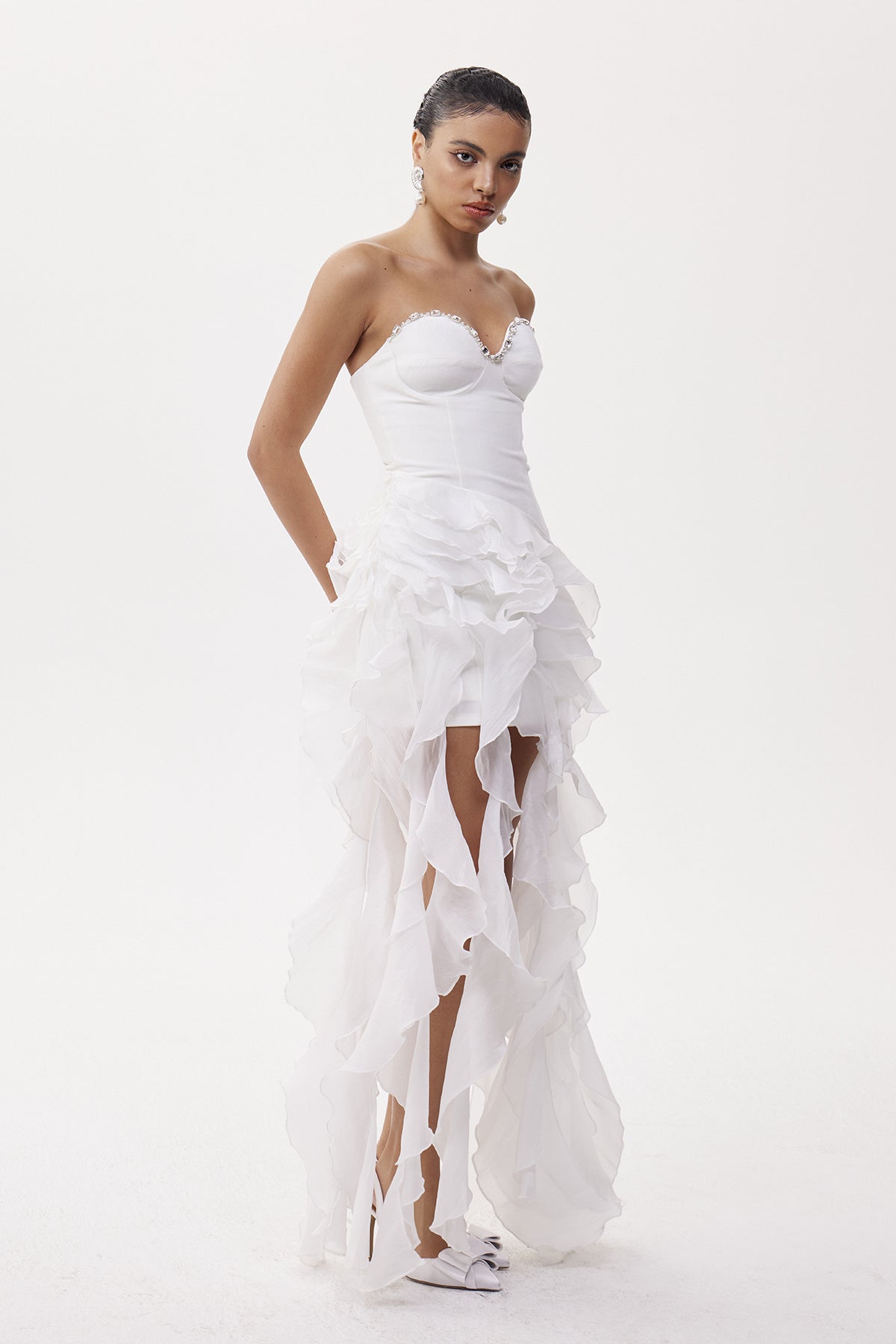 Eleonore Crystal Ruffle Fringe Mini Dress In White